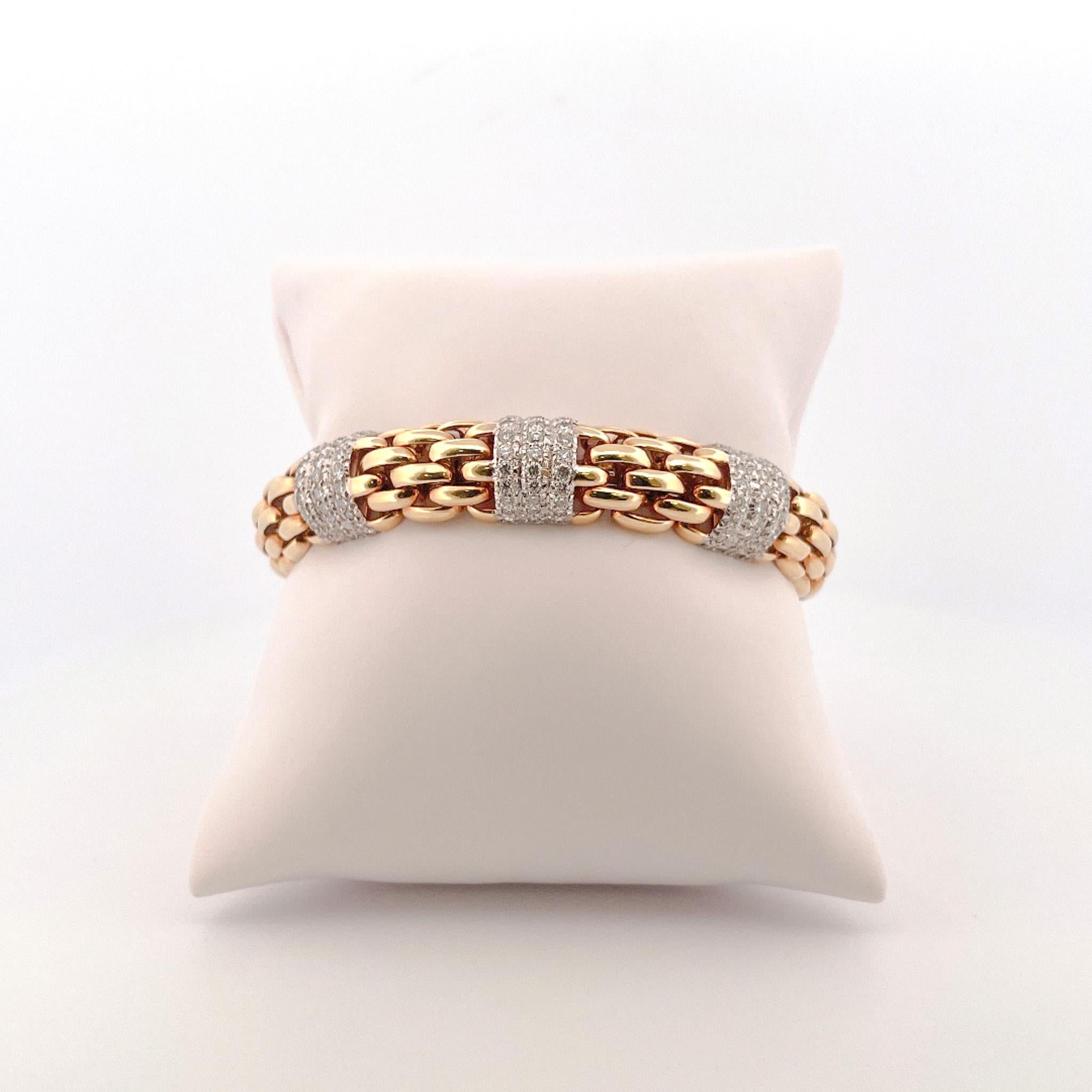 Modern 18k Yellow Gold Diamond Woven Link Cuff Bracelet For Sale