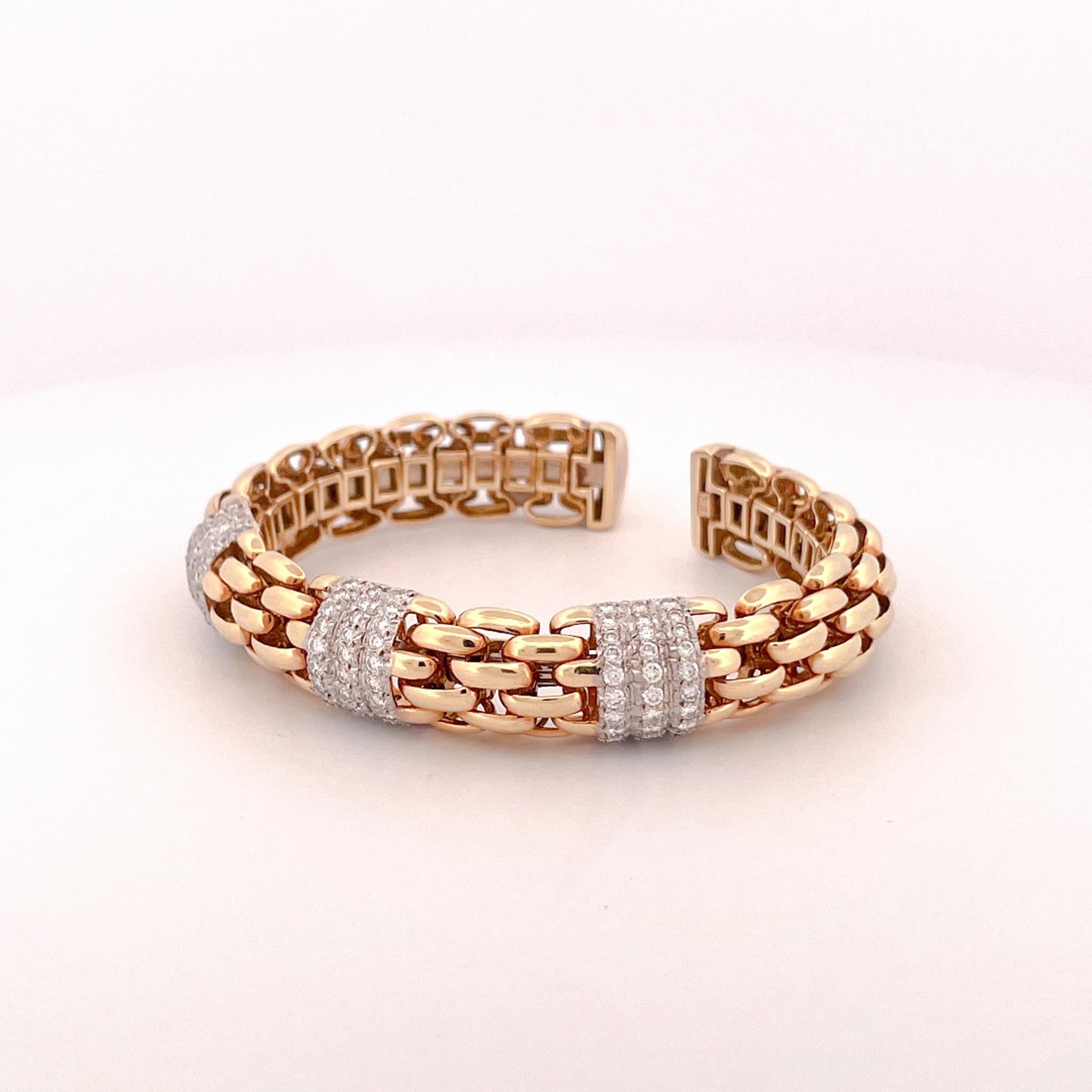 Round Cut 18k Yellow Gold Diamond Woven Link Cuff Bracelet For Sale
