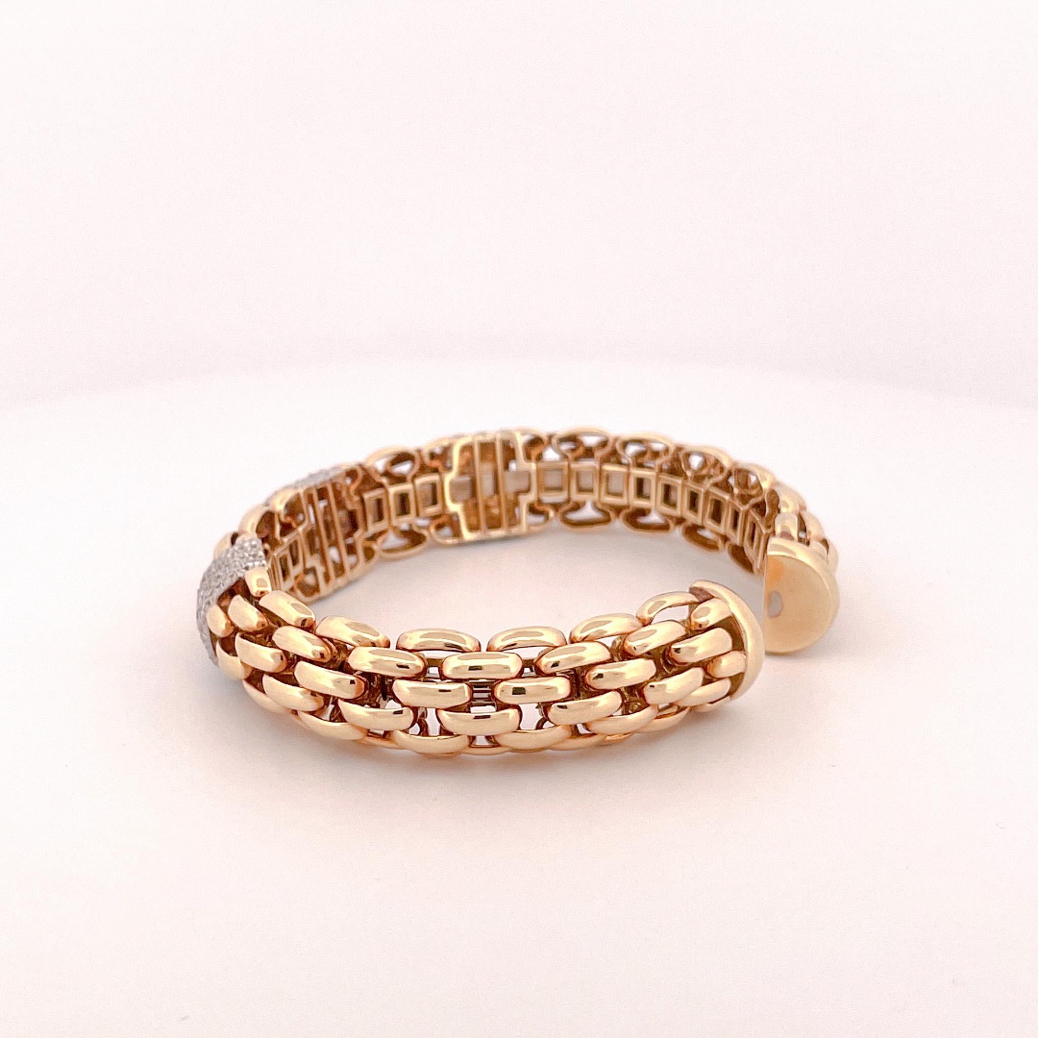 Women's 18k Yellow Gold Diamond Woven Link Cuff Bracelet For Sale