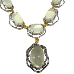 18K Yellow Gold Diamond, Yellow Sapphire and Moonstone Necklace