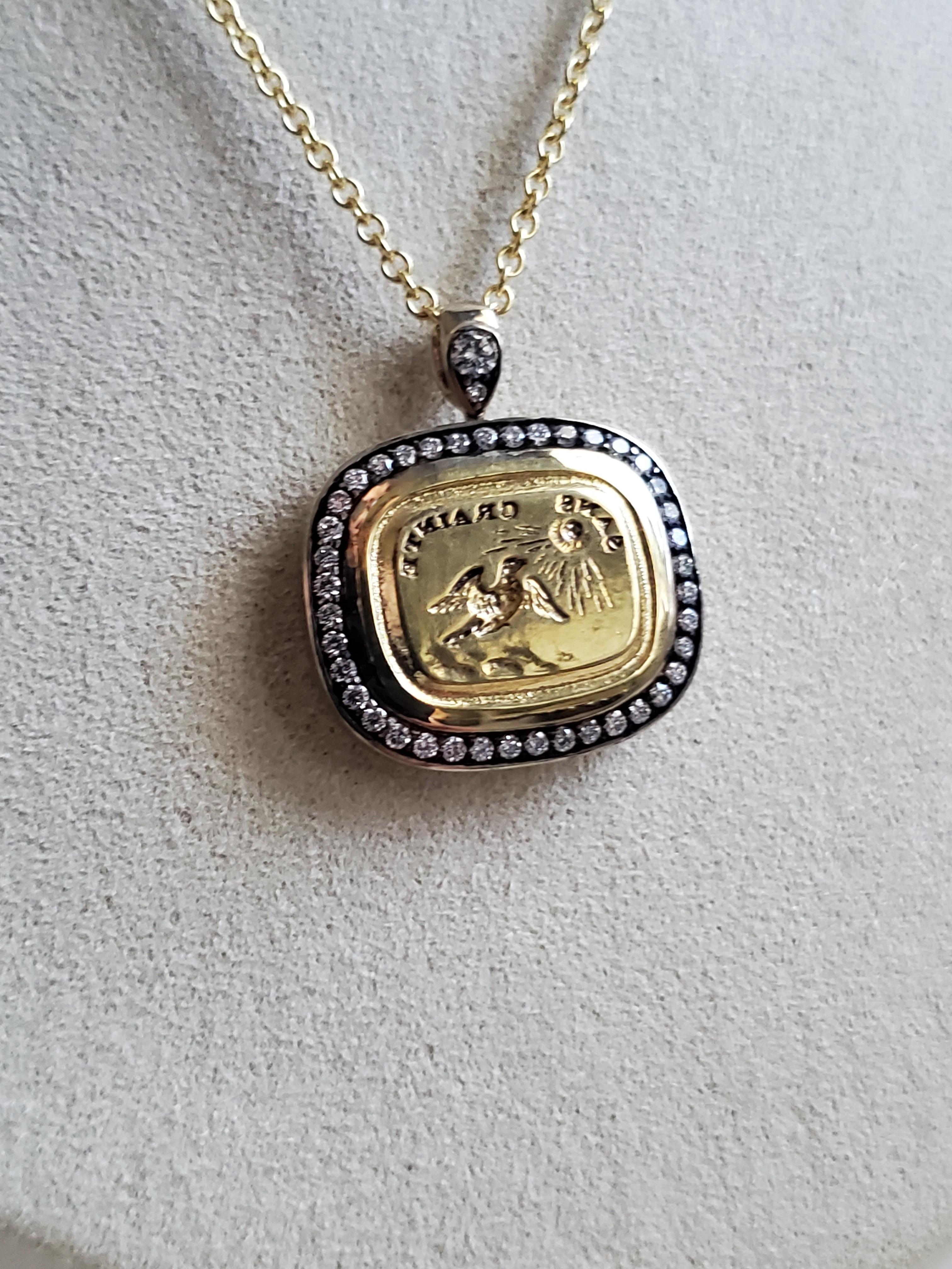 da uomo o donna Ciondolo in oro giallo 18 carati, diamanti e sigillo calcografico antico 