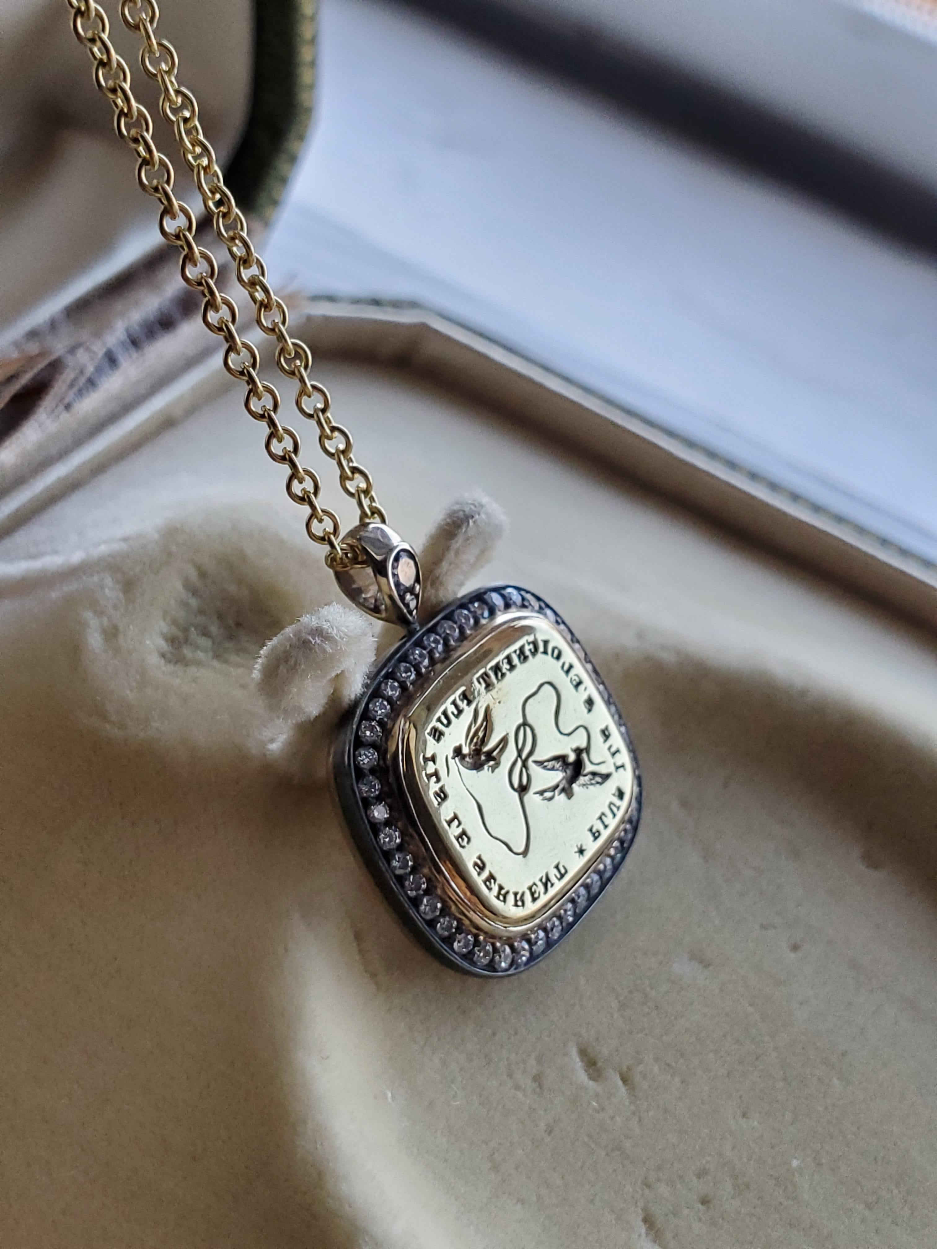 da uomo o donna Ciondolo in oro giallo 18k, diamanti e sigillo calcografico antico 