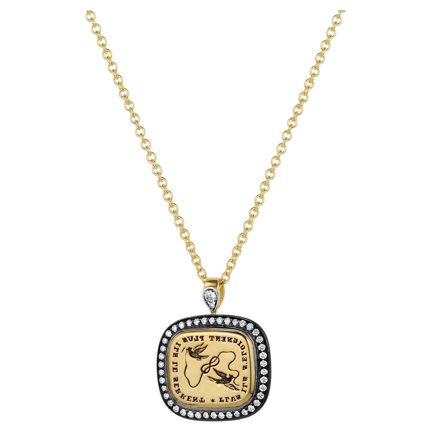 Ciondolo in oro giallo 18k, diamanti e sigillo calcografico antico "Love".