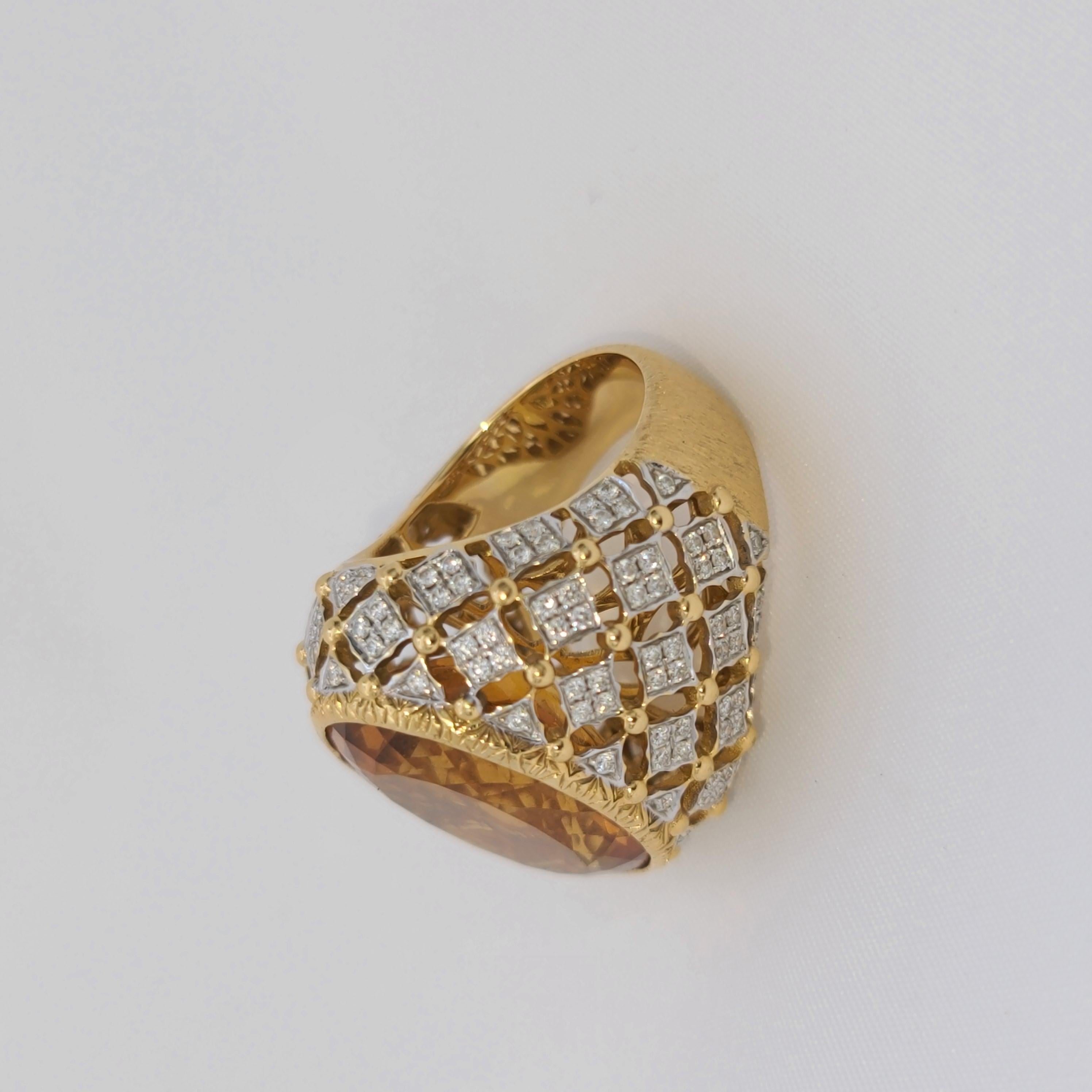 18 Karat Gold Diamonds and Fire Citrine Cocktail Ring in Florentine Finish 2