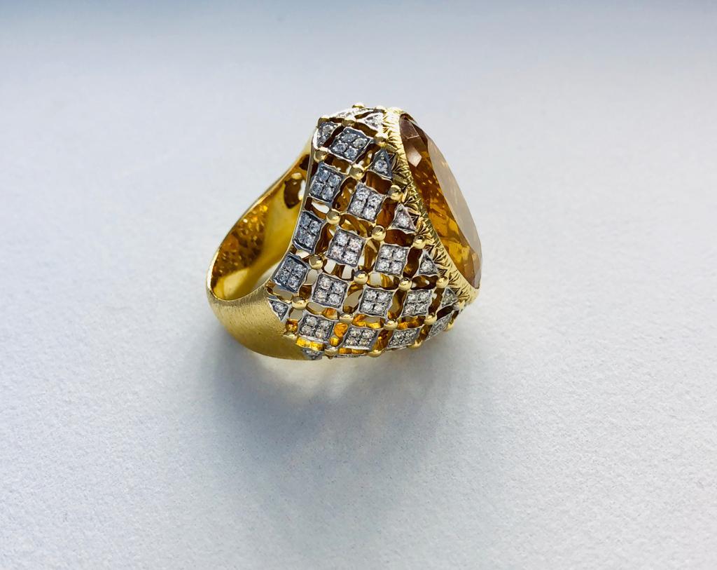 Modern 18 Karat Gold Diamonds and Fire Citrine Cocktail Ring in Florentine Finish