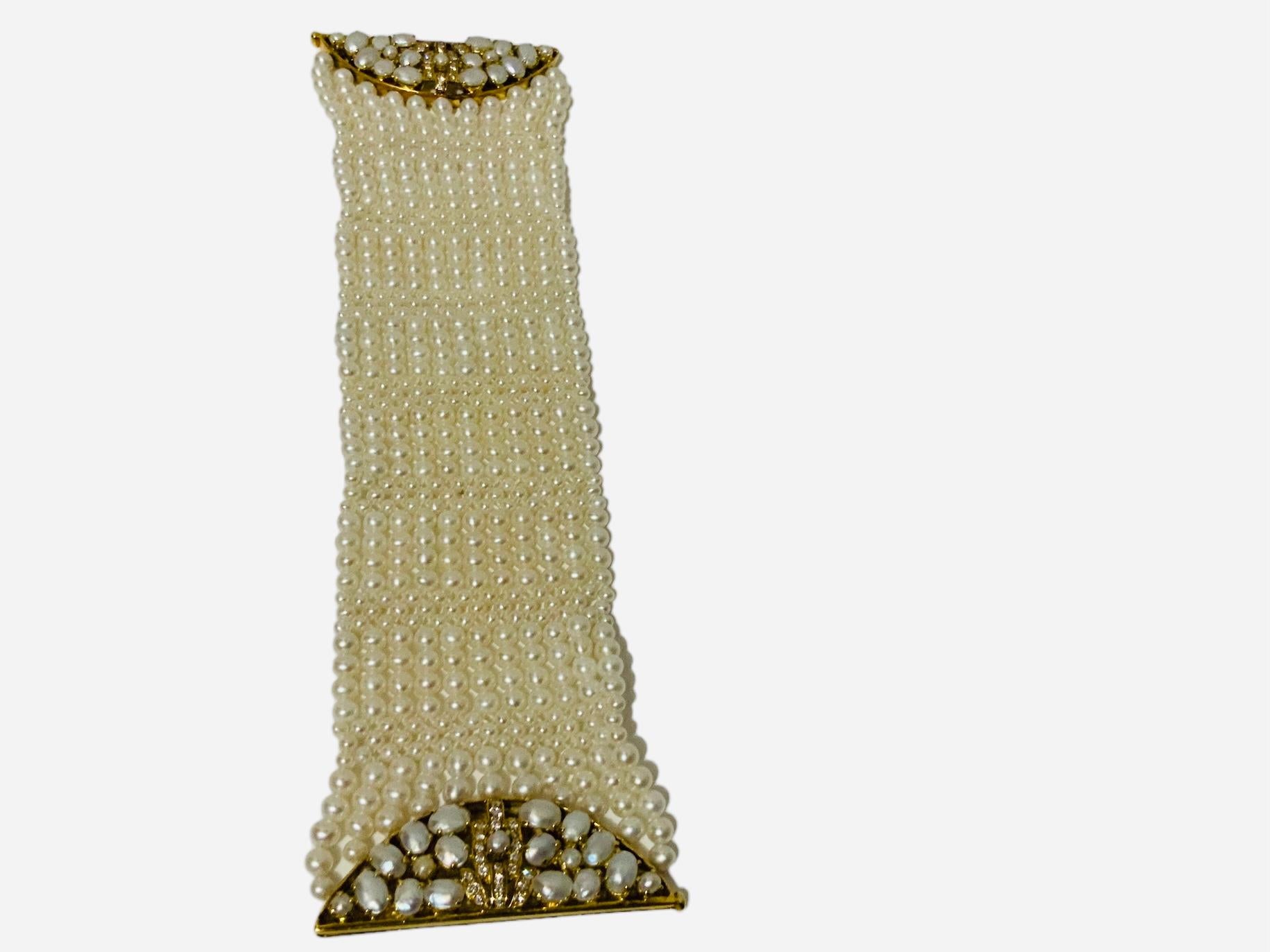 18K Yellow Gold Diamonds And Pearls Multi-Strands Bracelet  For Sale 4