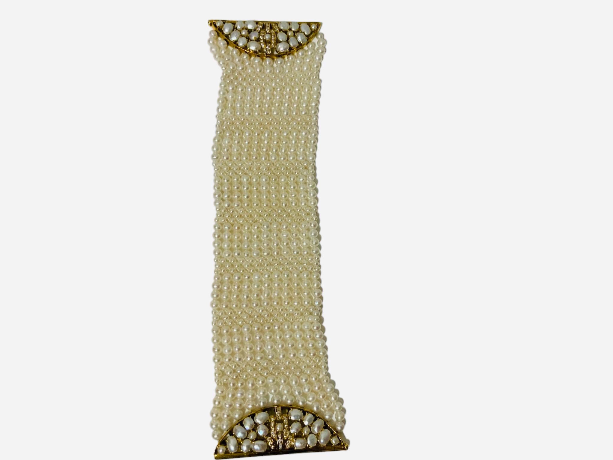 18K Yellow Gold Diamonds And Pearls Multi-Strands Bracelet  For Sale 5