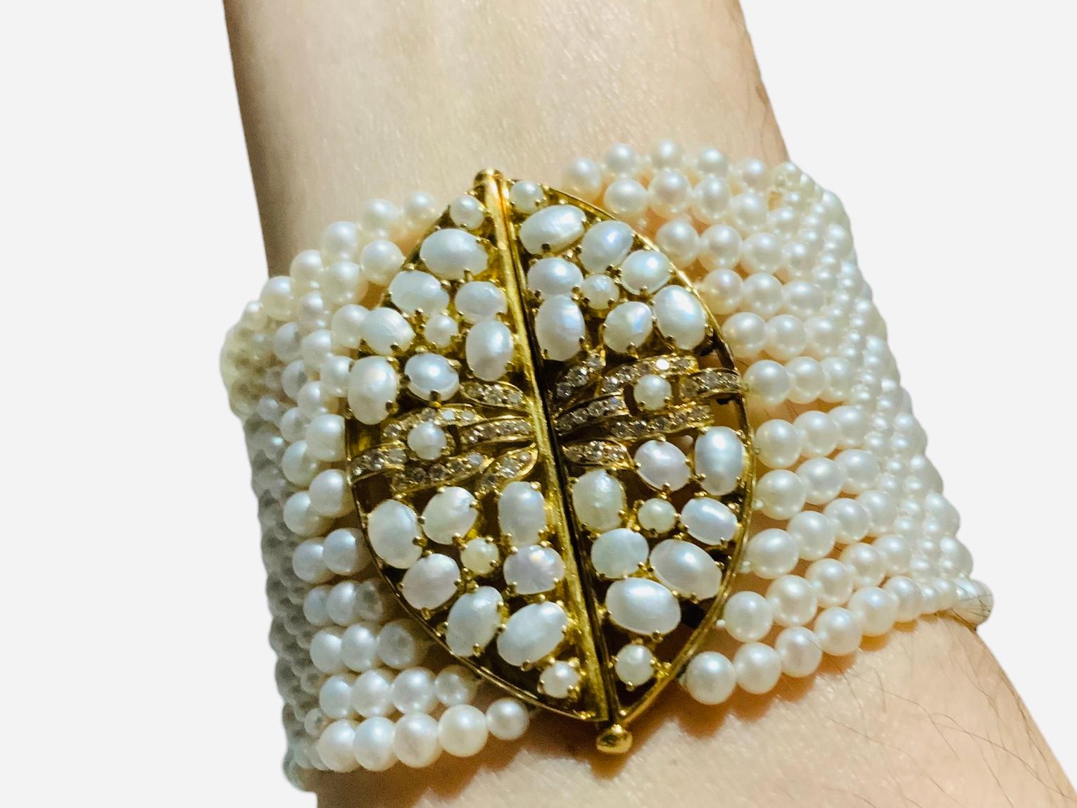 18K Yellow Gold Diamonds And Pearls Multi-Strands Bracelet  For Sale 6