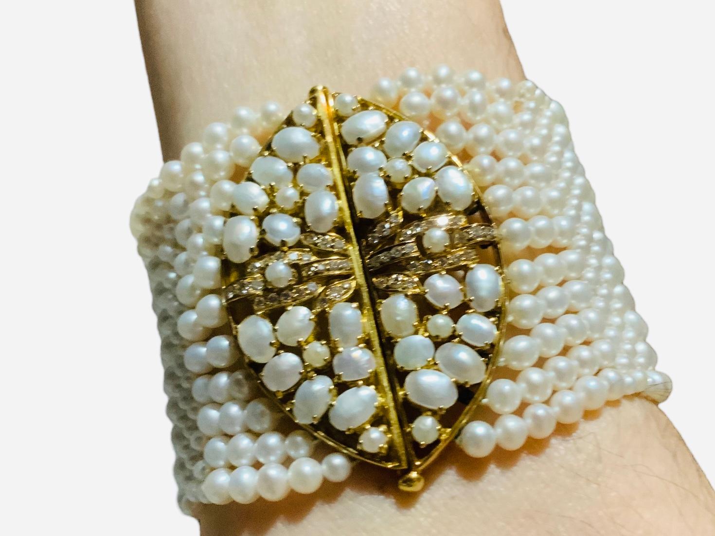 18K Yellow Gold Diamonds And Pearls Multi-Strands Bracelet  For Sale 7