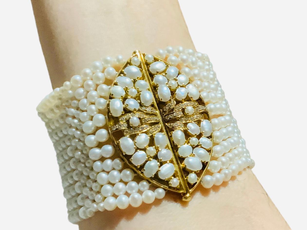 18K Yellow Gold Diamonds And Pearls Multi-Strands Bracelet  For Sale 8