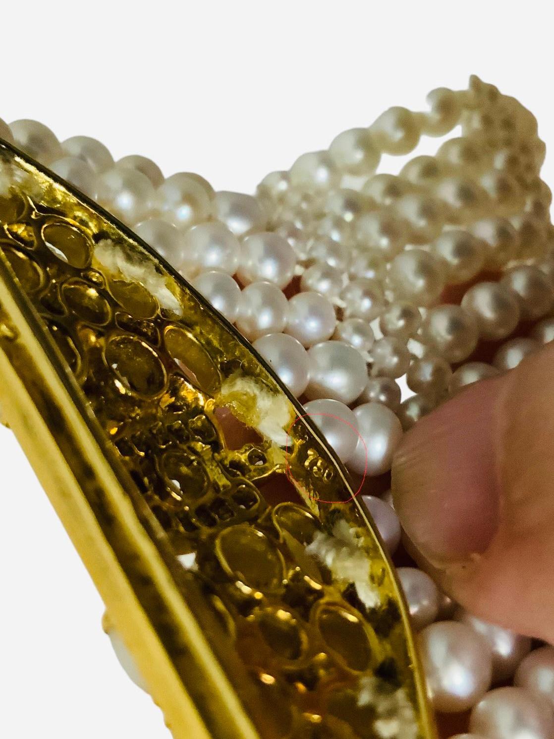 18K Yellow Gold Diamonds And Pearls Multi-Strands Bracelet  For Sale 3