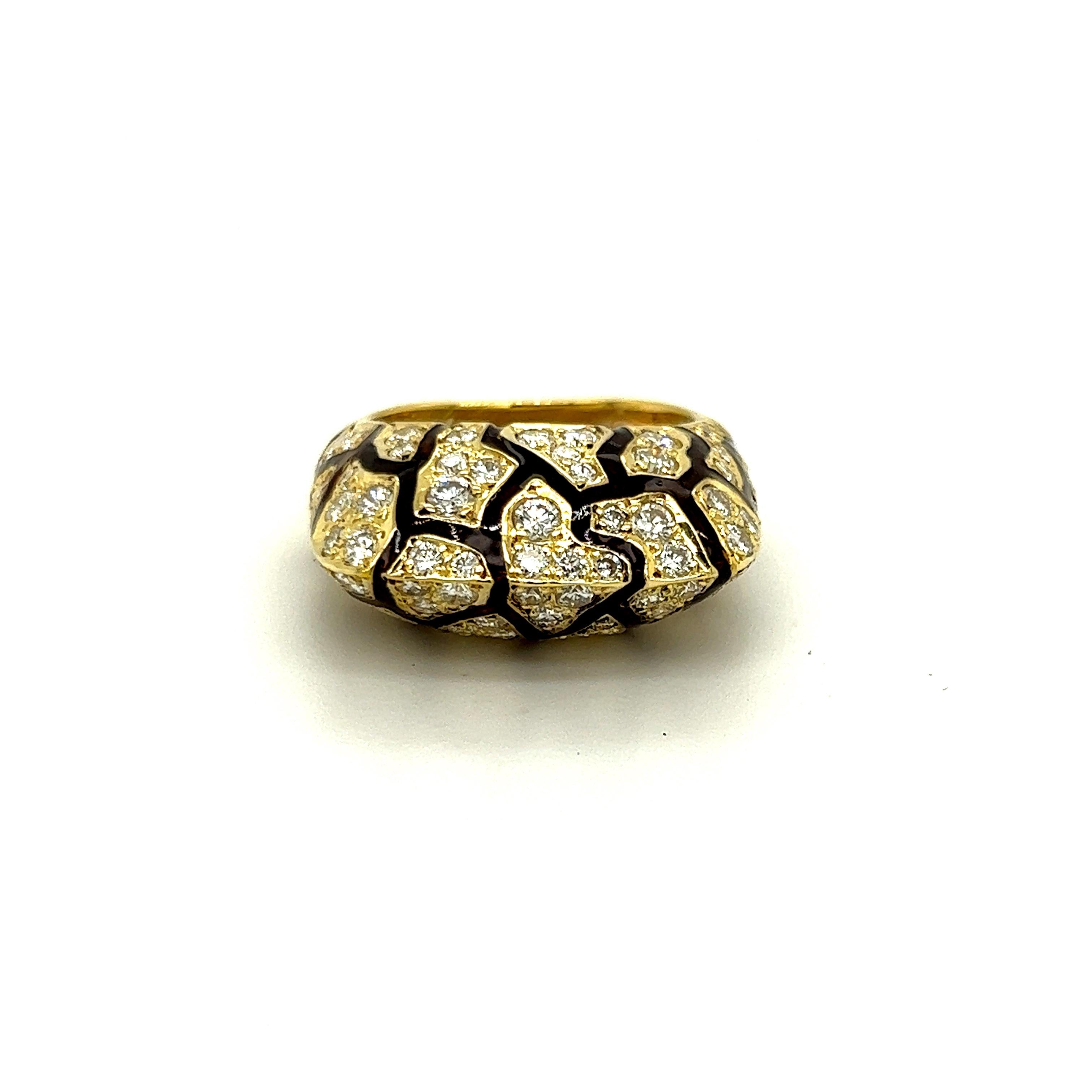 Contemporary 18K Yellow Gold Diamonds Brown Enamel Zebra Style Ring For Sale