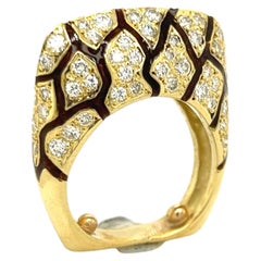Bague en or jaune 18 carats diamants émail brun style zèbre