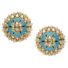 18k Yellow Gold & Diamonds Earrings with Cultured Pearl & Enamel Accents, 31g