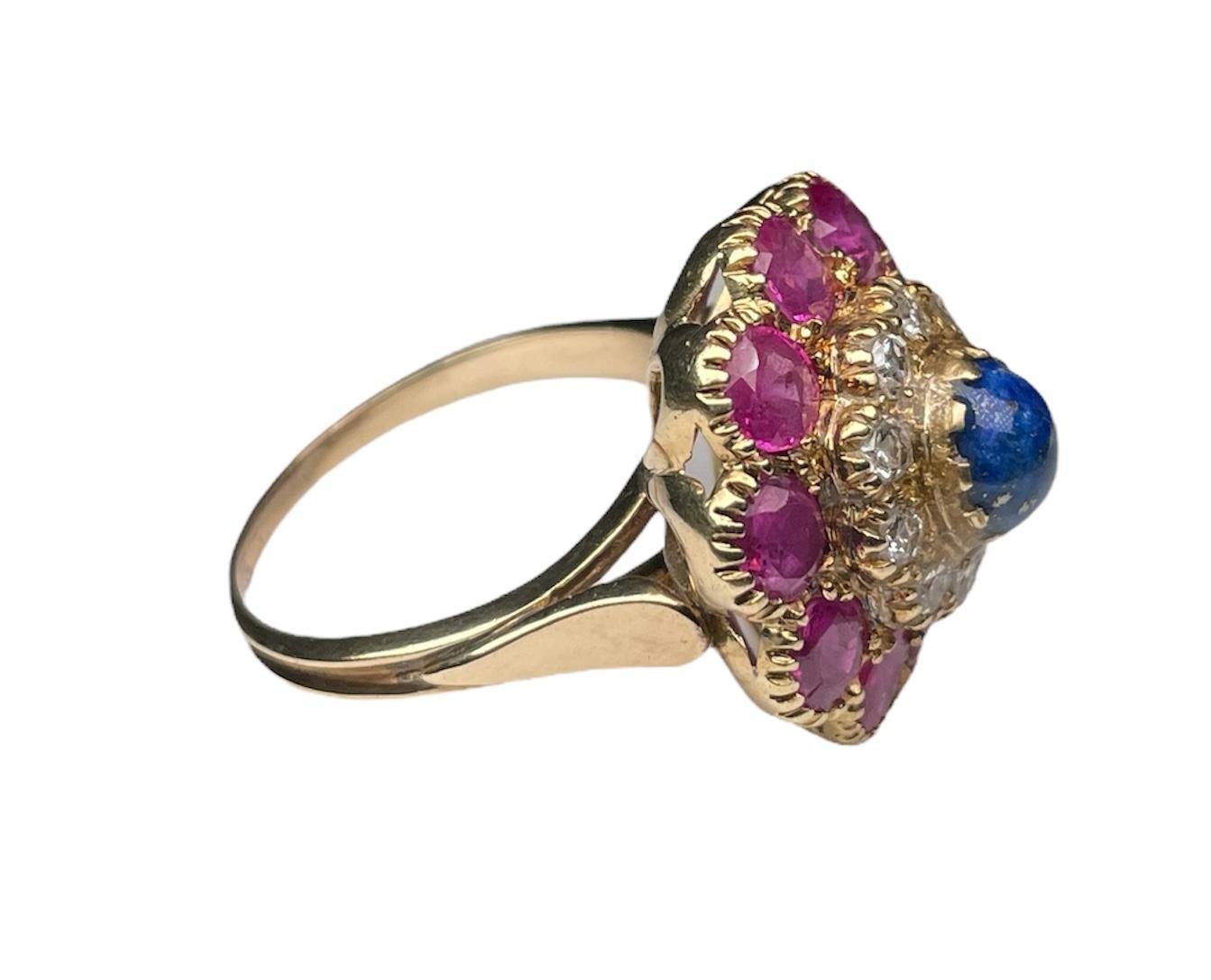 Renaissance 18k Yellow Gold Diamonds, Lapis Lazuli and Rubies Cocktail Ring For Sale