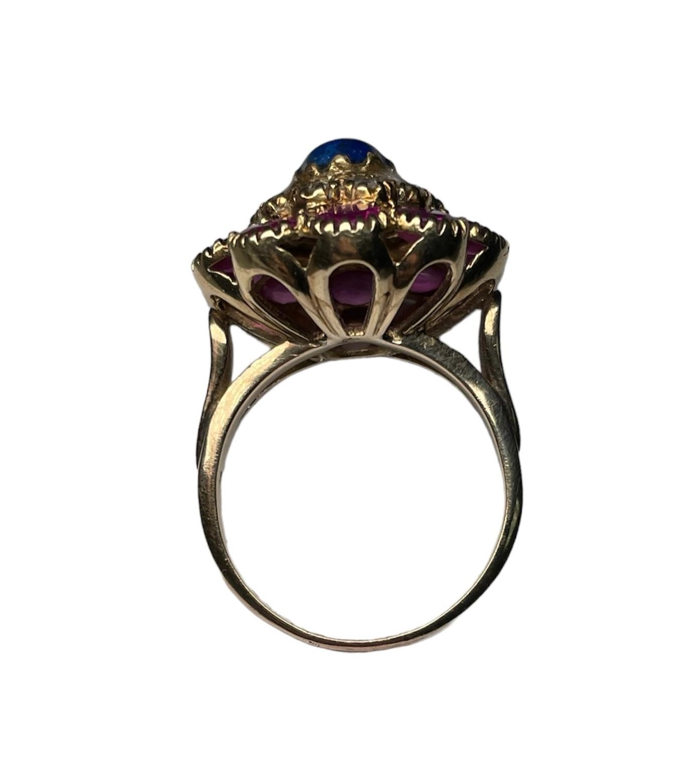 18k Yellow Gold Diamonds, Lapis Lazuli and Rubies Cocktail Ring For Sale 1