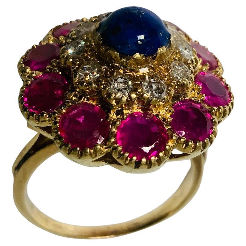 18k Yellow Gold Diamonds, Lapis Lazuli and Rubies Cocktail Ring For Sale