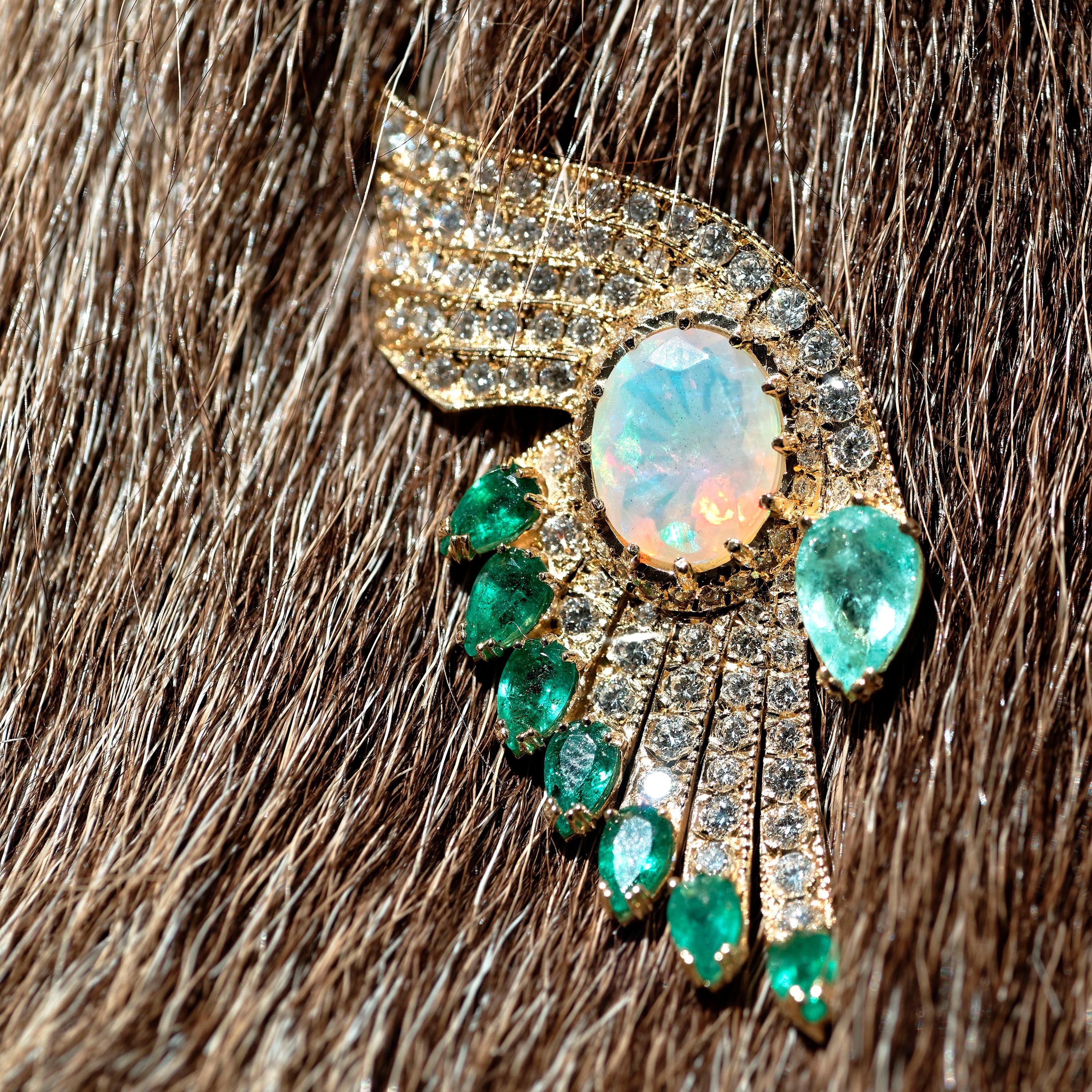 Contemporary 18 Karat Yellow Gold Diamonds Opals Emeralds Drop Earrings For Sale