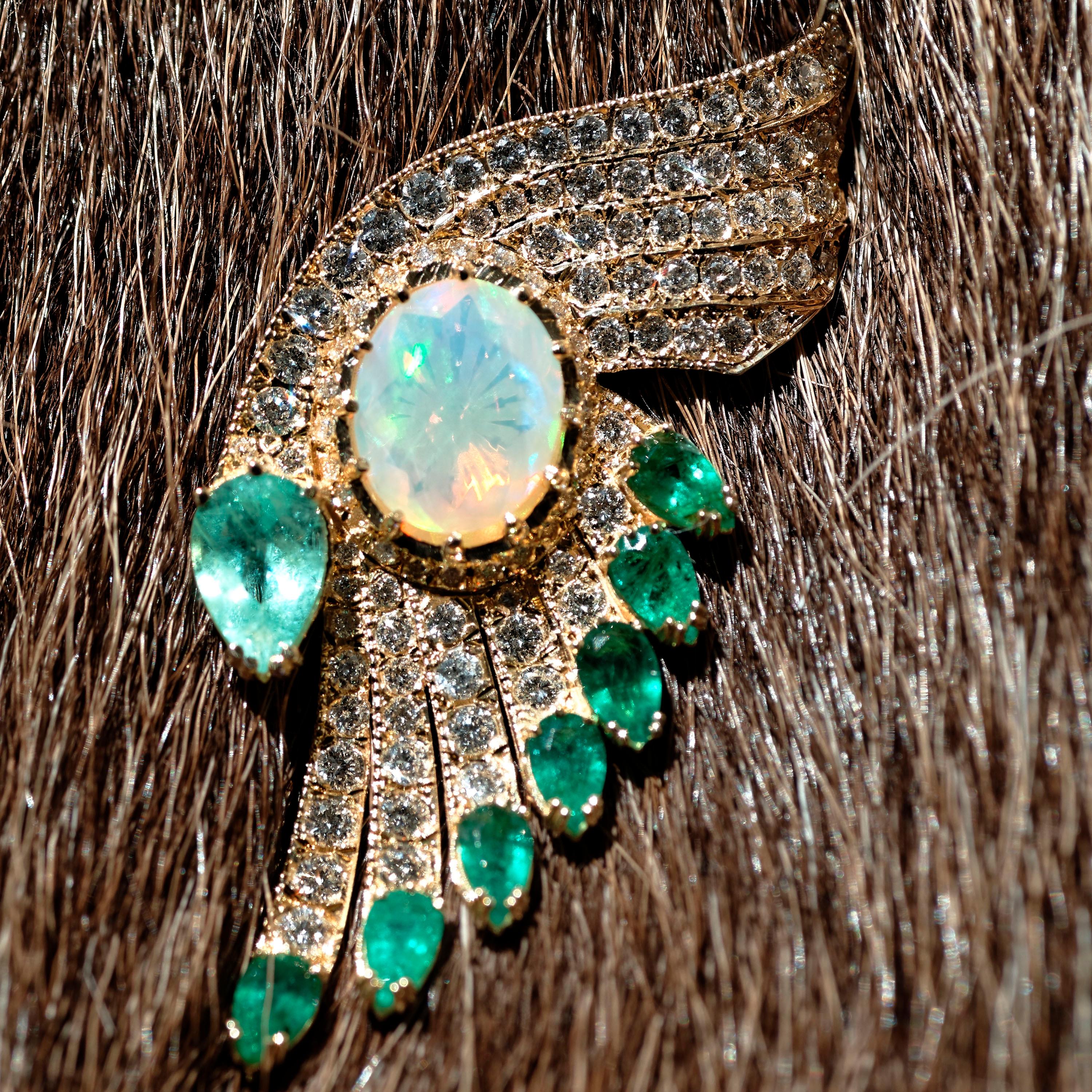 Brilliant Cut 18 Karat Yellow Gold Diamonds Opals Emeralds Drop Earrings For Sale