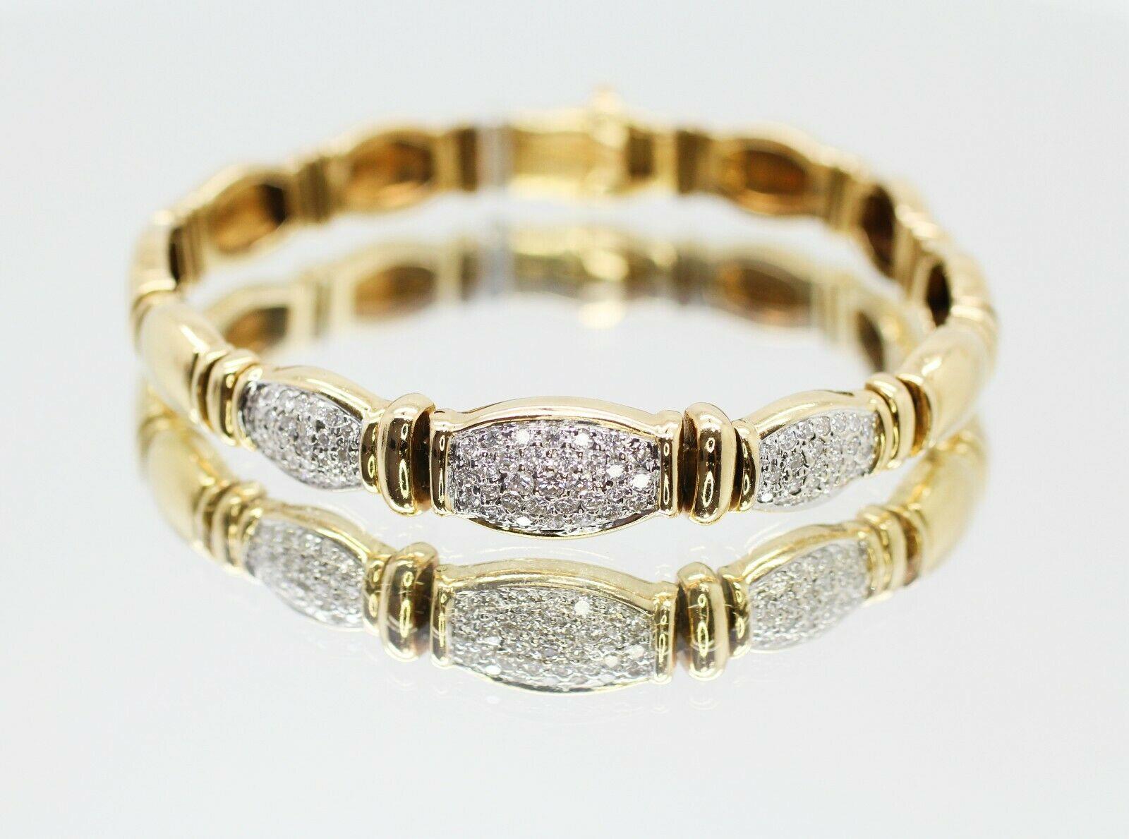  18k yellow gold diamonds pave bracelet, containing 
Specifications:
    main stone: ROUND CUT DIAMONDS
    carat total weight: 1.50
    color: F/G
    clarity: VS
    brand: custom
    metal: 18 YELLOW gold
    type: BRACELET
    weight: 27.22 gr
 