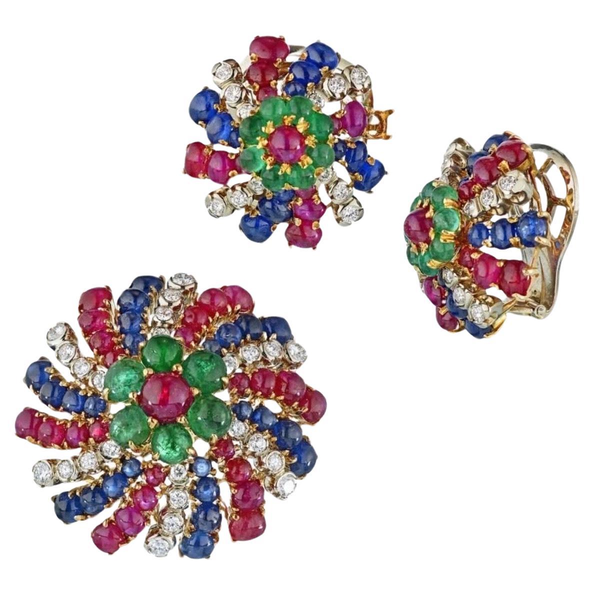 18K Yellow Gold Diamonds, Sapphire & Emeralds Earrings And A Brooch Jewelry Set