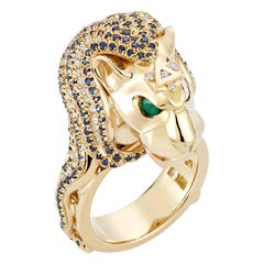 18K Yellow Gold Diamonds Sapphires Emeralds Pave Cocktail Statement Ring Lion