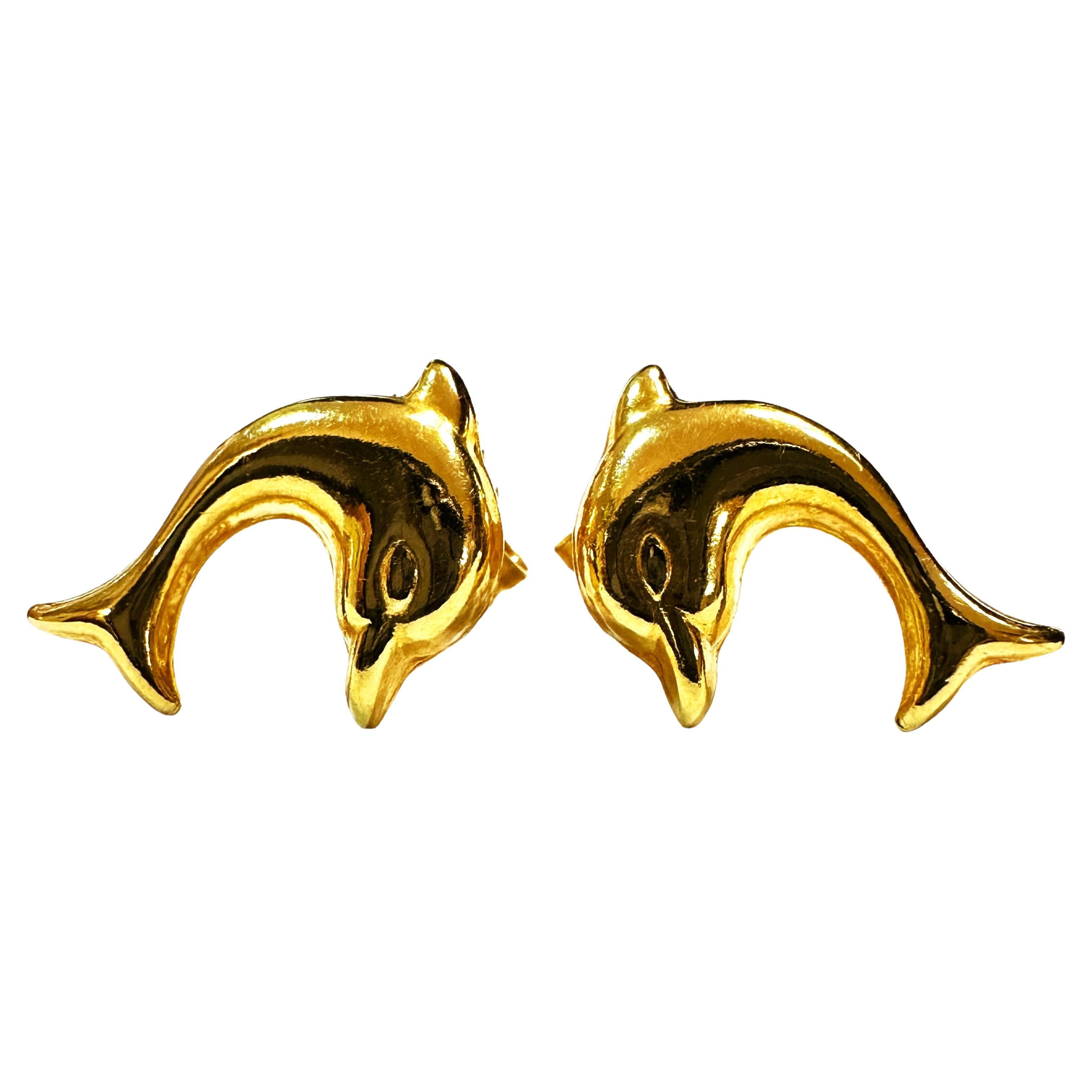 18k Yellow Gold Dolphin Stud Earrings - Stamped