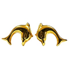 18k Yellow Gold Dolphin Stud Earrings - Stamped