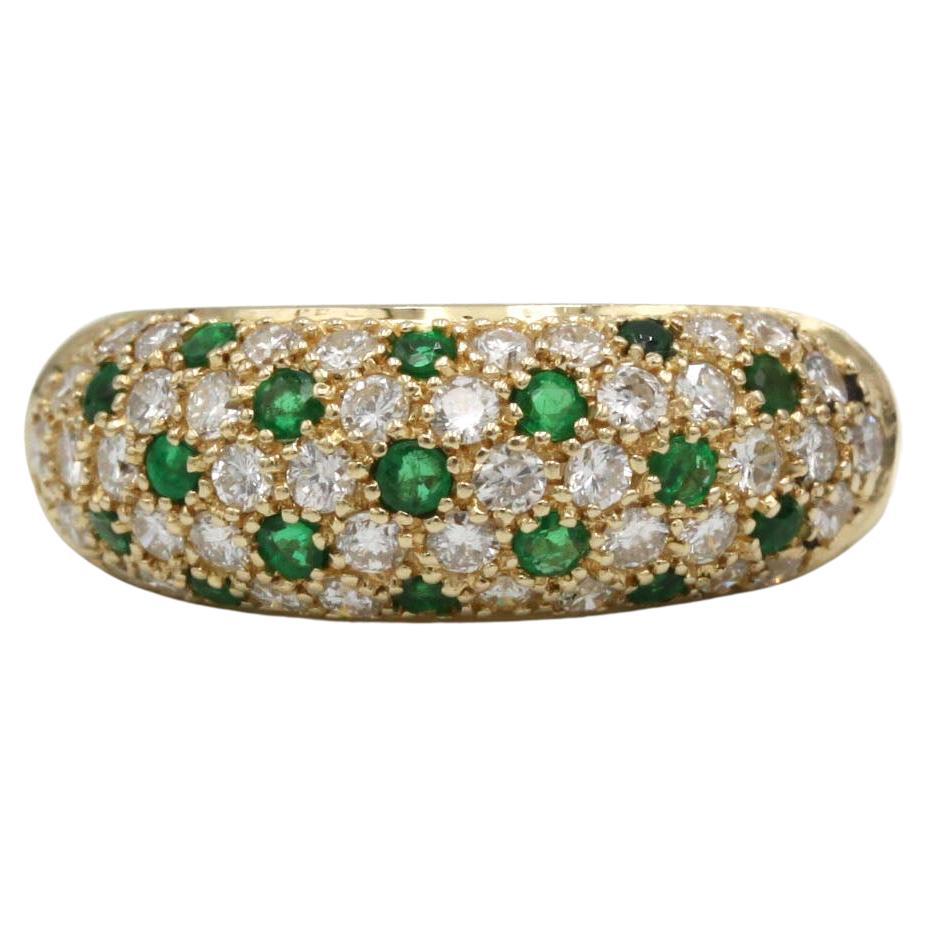 18K Yellow Gold Dome Ring with Paved Diamonds and Emeralds