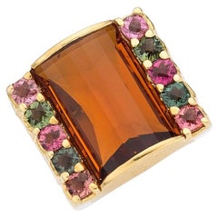 18k Yellow Gold Domed Citrine and Tourmaline Ring Size 8.75
