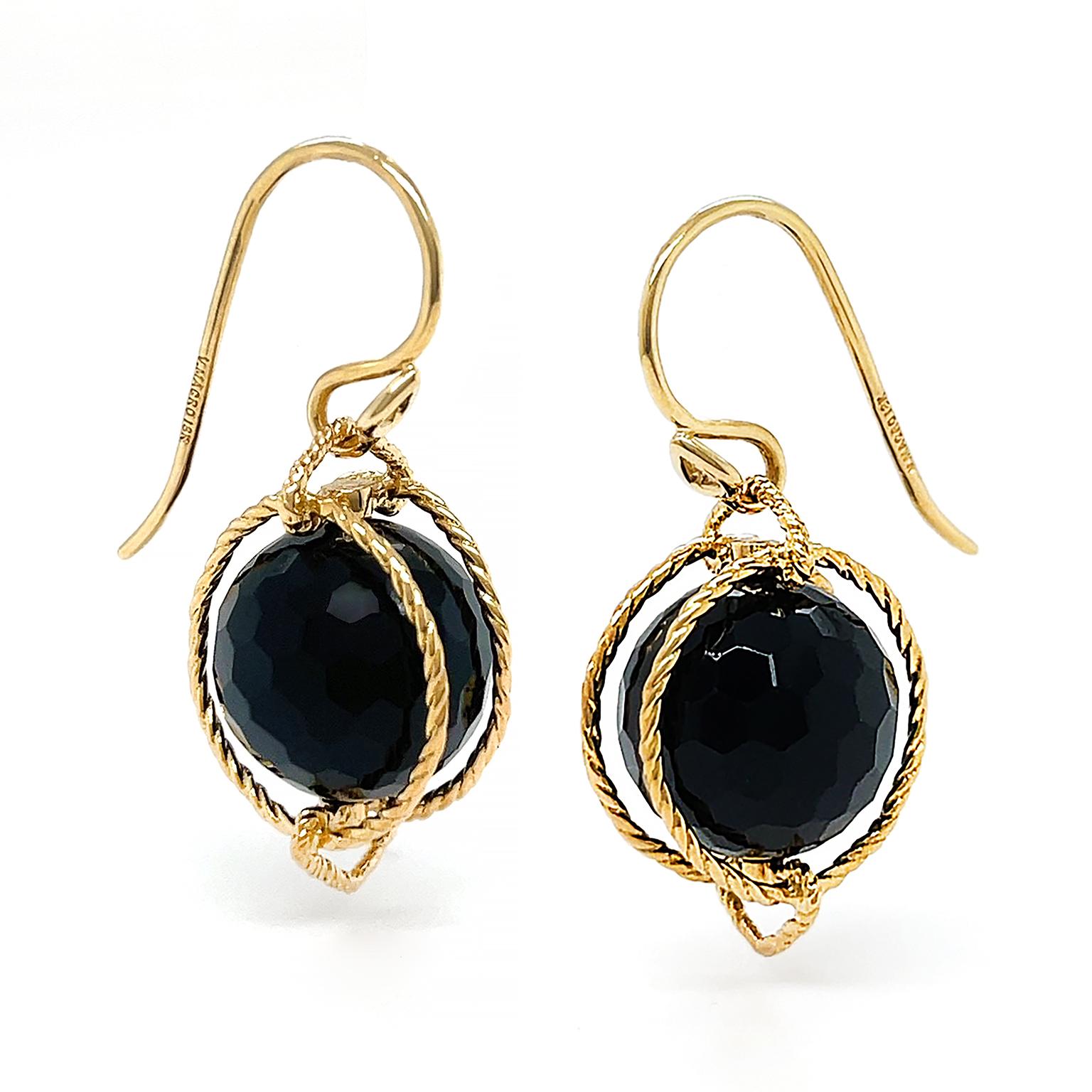 Mixed Cut 18K Yellow Gold Doppio Black Onyx Rope French Wire Earrings For Sale