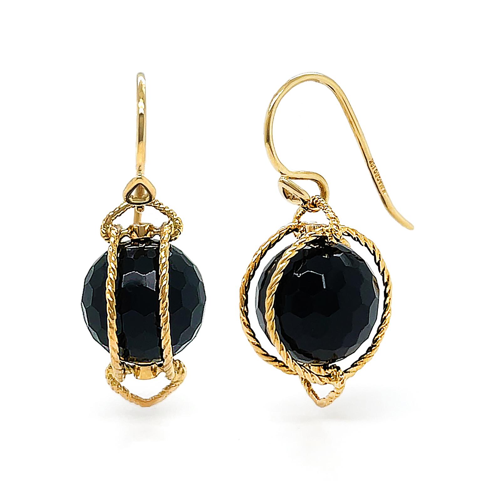 18K Yellow Gold Doppio Black Onyx Rope French Wire Earrings In New Condition For Sale In New York, NY