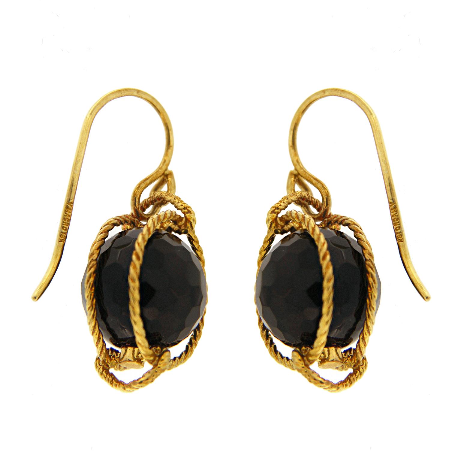 Women's or Men's 18K Yellow Gold Doppio Black Onyx Rope French Wire Earrings For Sale