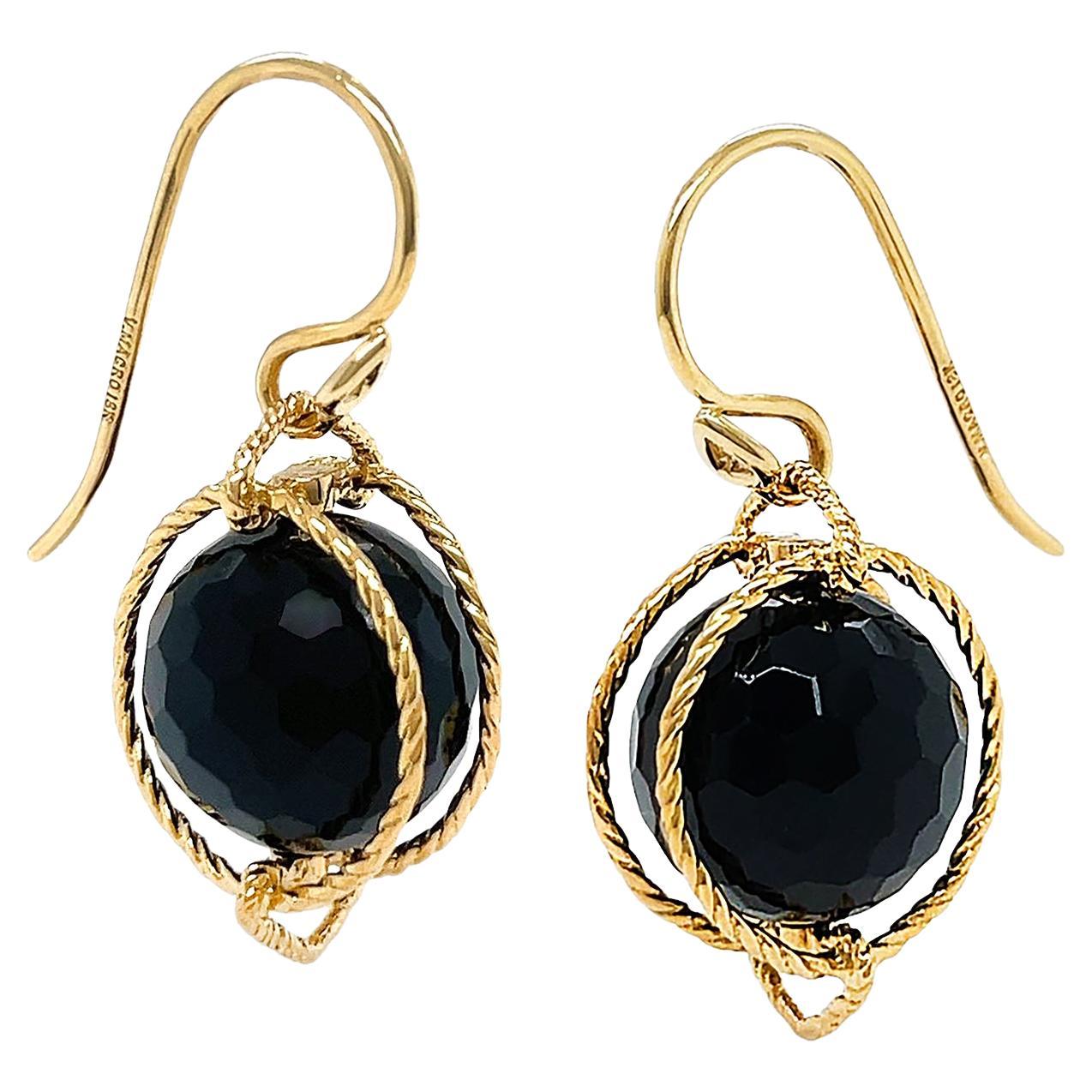 18K Yellow Gold Doppio Black Onyx Rope French Wire Earrings