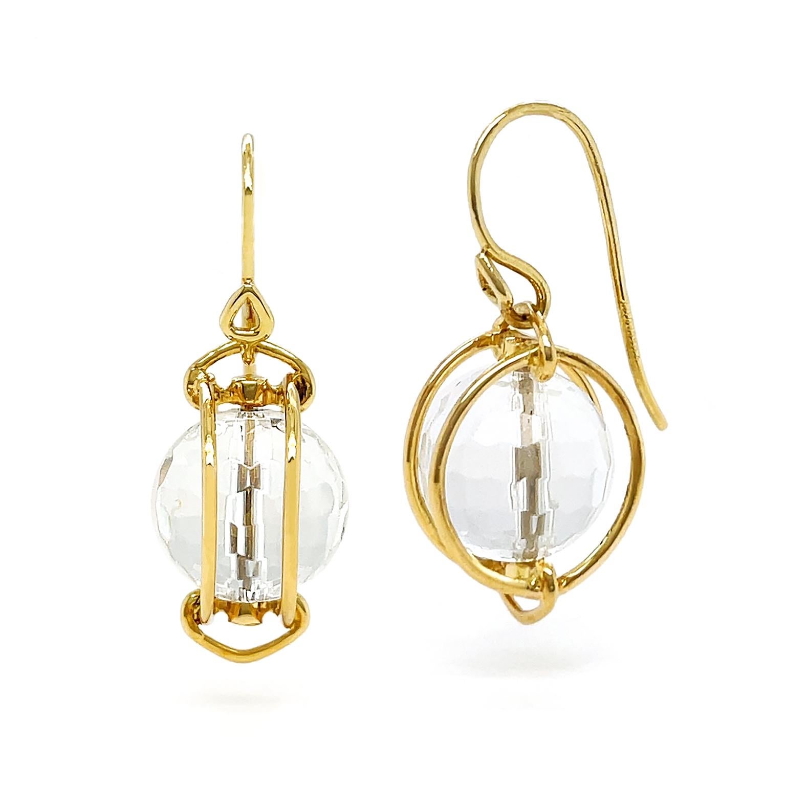 Mixed Cut 18K Yellow Gold Doppio Crystal Ball French Wire Drop Earrings For Sale