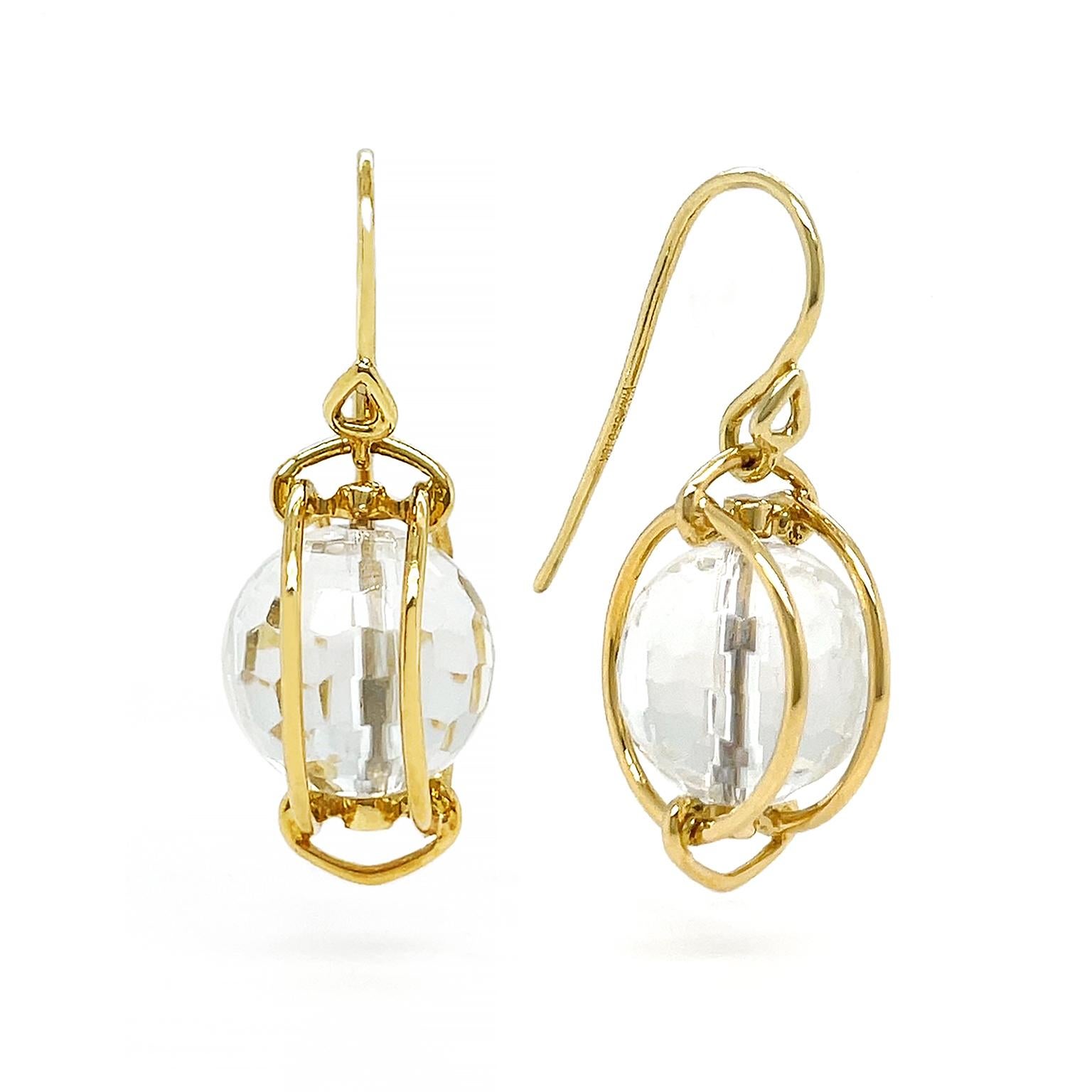 18K Yellow Gold Doppio Crystal Ball French Wire Drop Earrings In New Condition For Sale In New York, NY