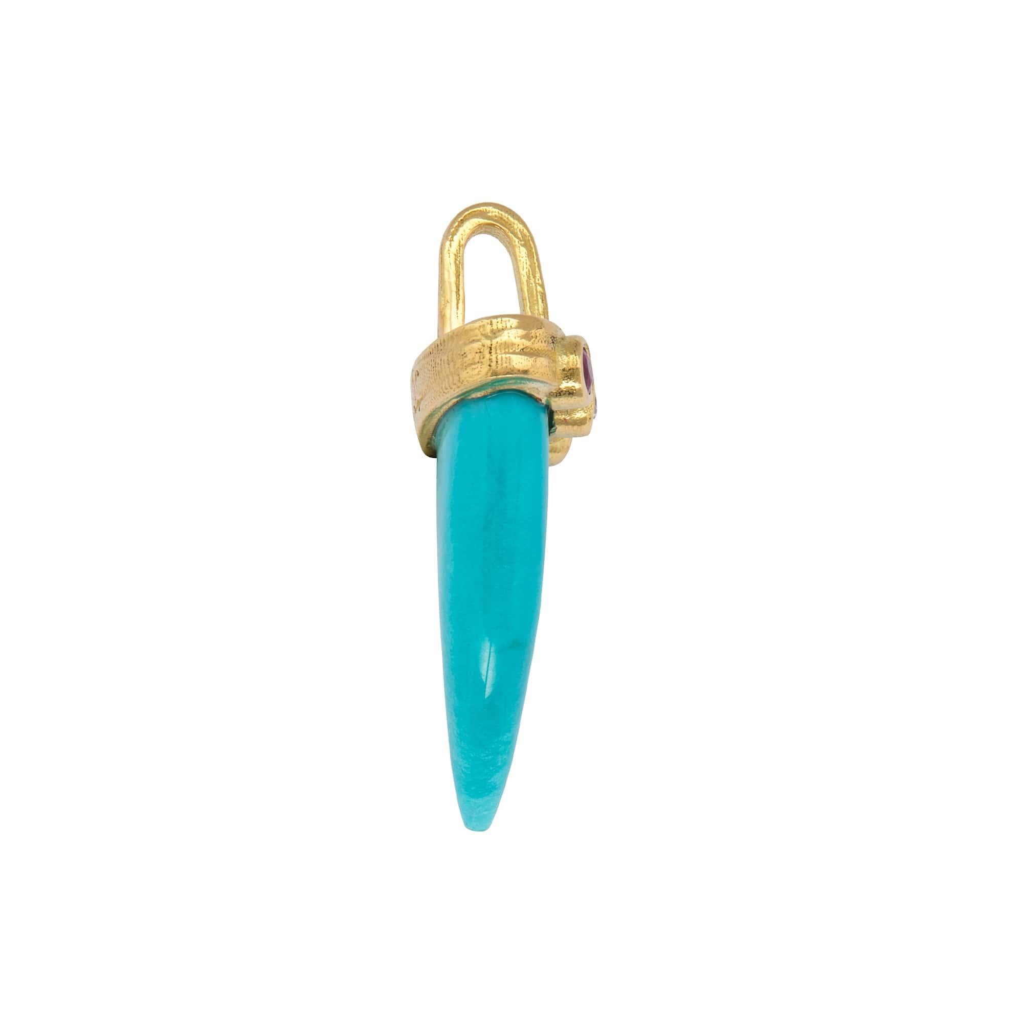 Two faceted rubies and one colorless round brilliant diamond, bezel-set on the front of a weathered 18k yellow gold cap, to embellish a carved American Sleeping Beauty Turquoise horn-shaped talisman for prosperity. This amulet is sold separately,