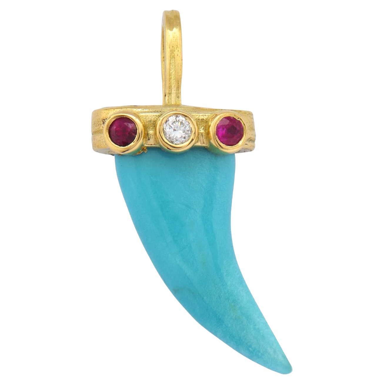 18k Yellow Gold Dotted Lucky Horn Charm in Turquoise, Ruby and Diamonds  For Sale
