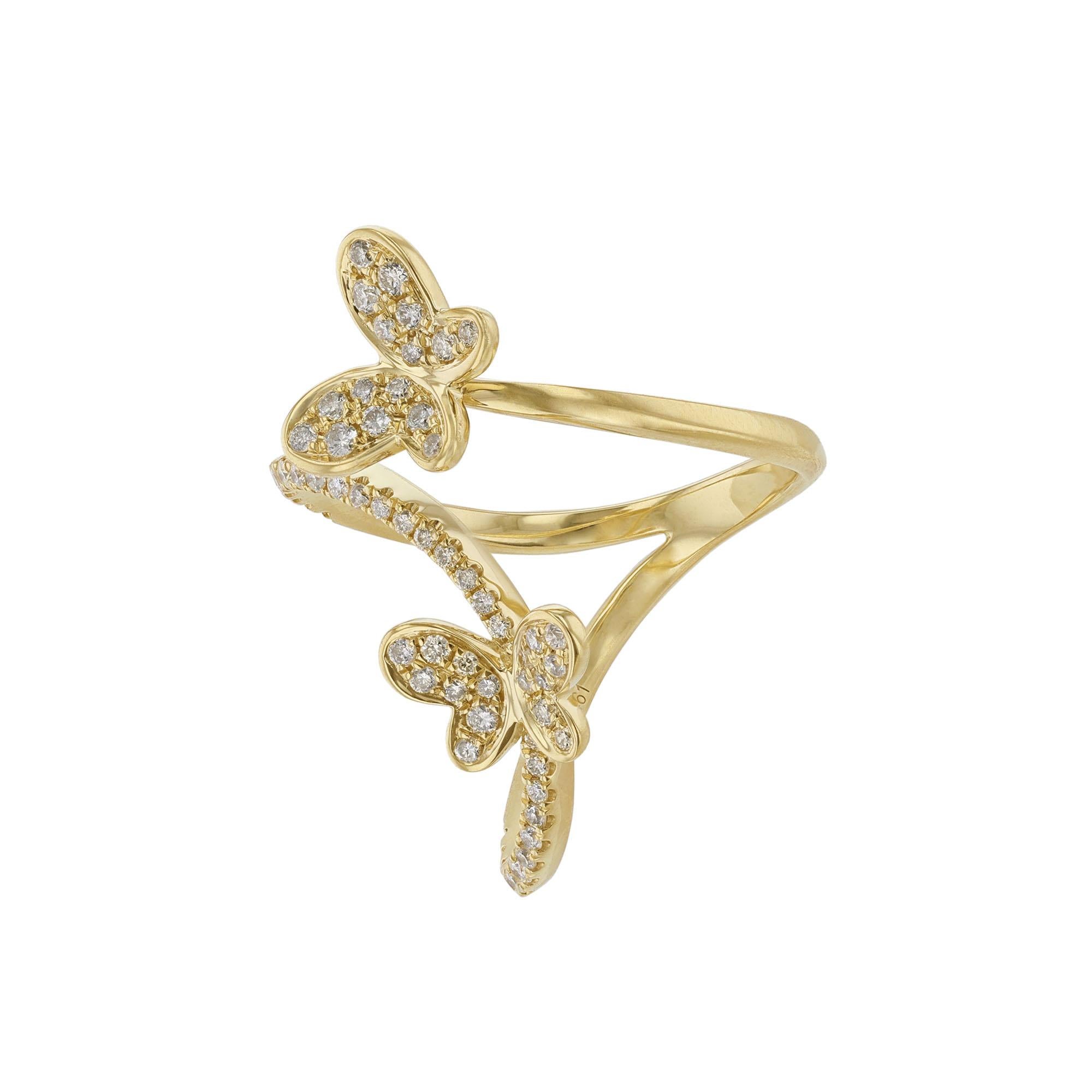This double butterfly wrap-around ring is made in 18 Karat Yellow Gold featuring 61 round cut, pave' set diamonds weighing 0.46 carats.  With a color grade (H) and clarity grade (SI2).