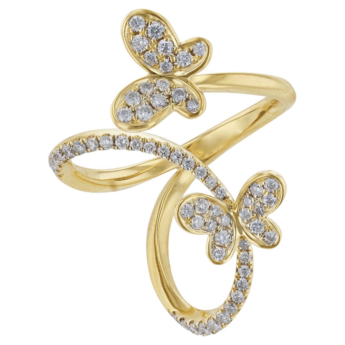 18K Yellow Gold Double Butterfly Diamond Bypass Ring