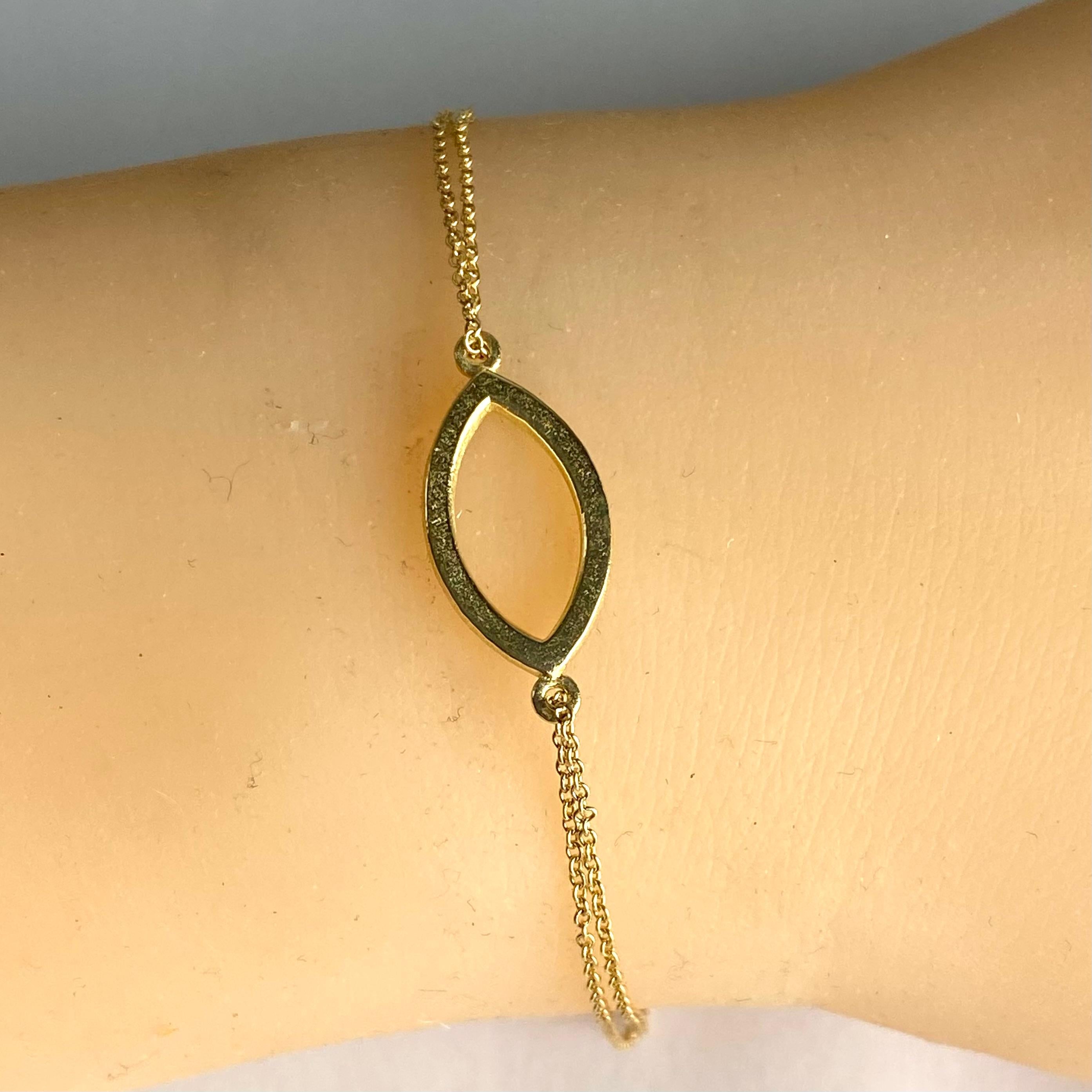 Women's 18K Yellow Gold Double-Chain Bracelet with Marquise Charm For Sale