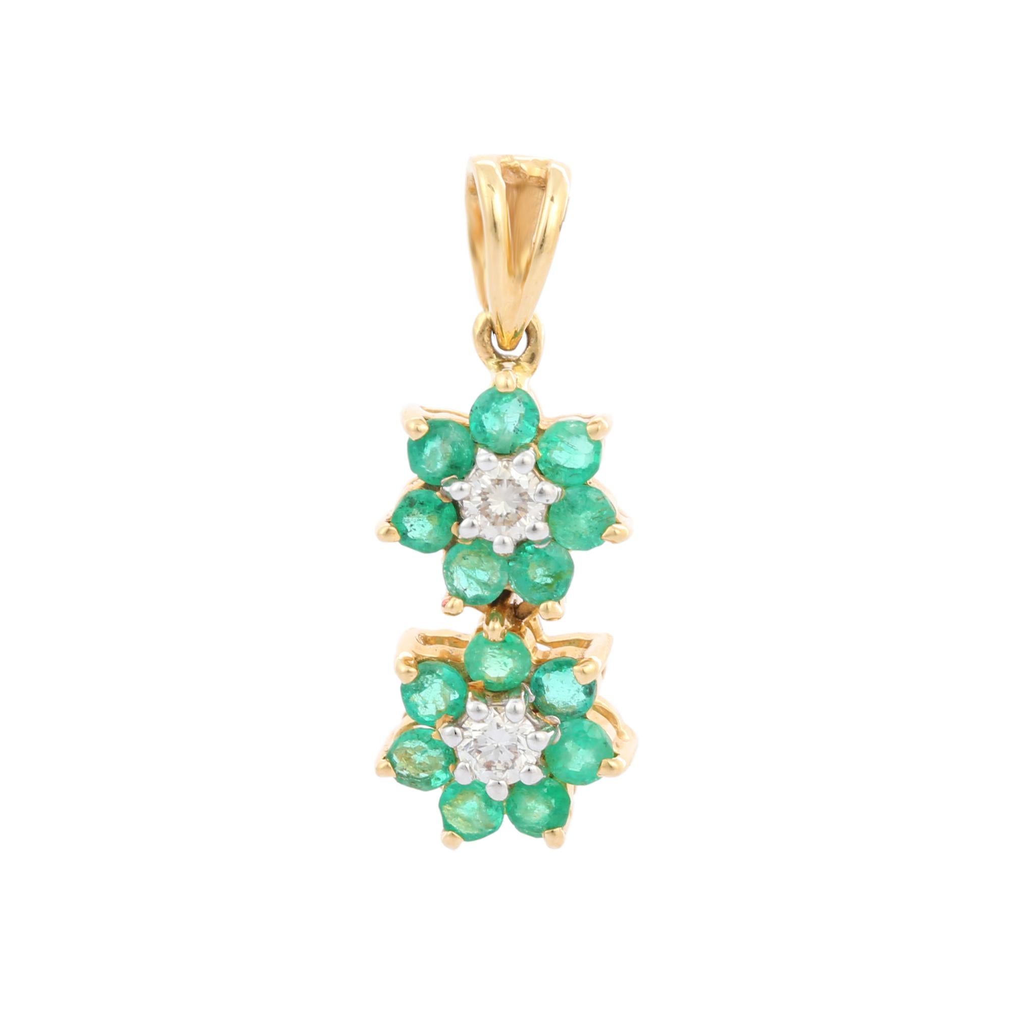 Artist 18K Yellow Gold Two Emerald Flower Pendant with Diamonds For Sale