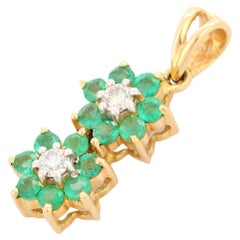 18K Yellow Gold Double Flower Emerald Pendant with Diamonds