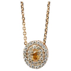 18k Yellow Gold Double Halo Fancy Necklace 0.29 Ct Natural Diamonds AIG Cert