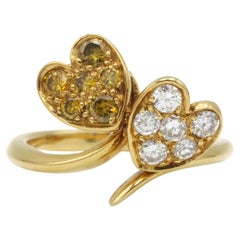 18K Yellow Gold Double Heart Diamond Ring with Fancy Yellow & White Diamonds