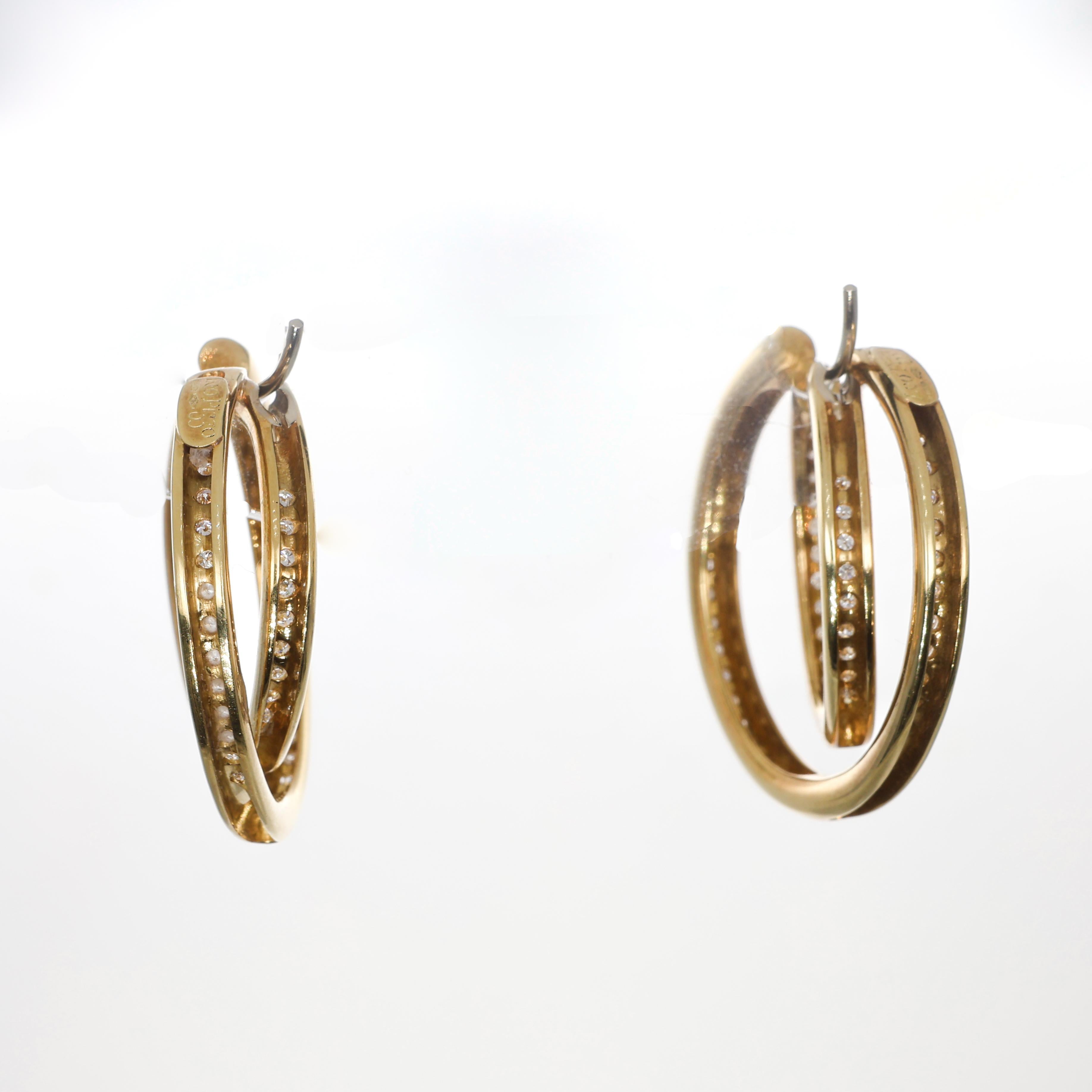 Brilliant Cut 18K Yellow Gold Double Hoop Earrings with Diamond Pavé For Sale