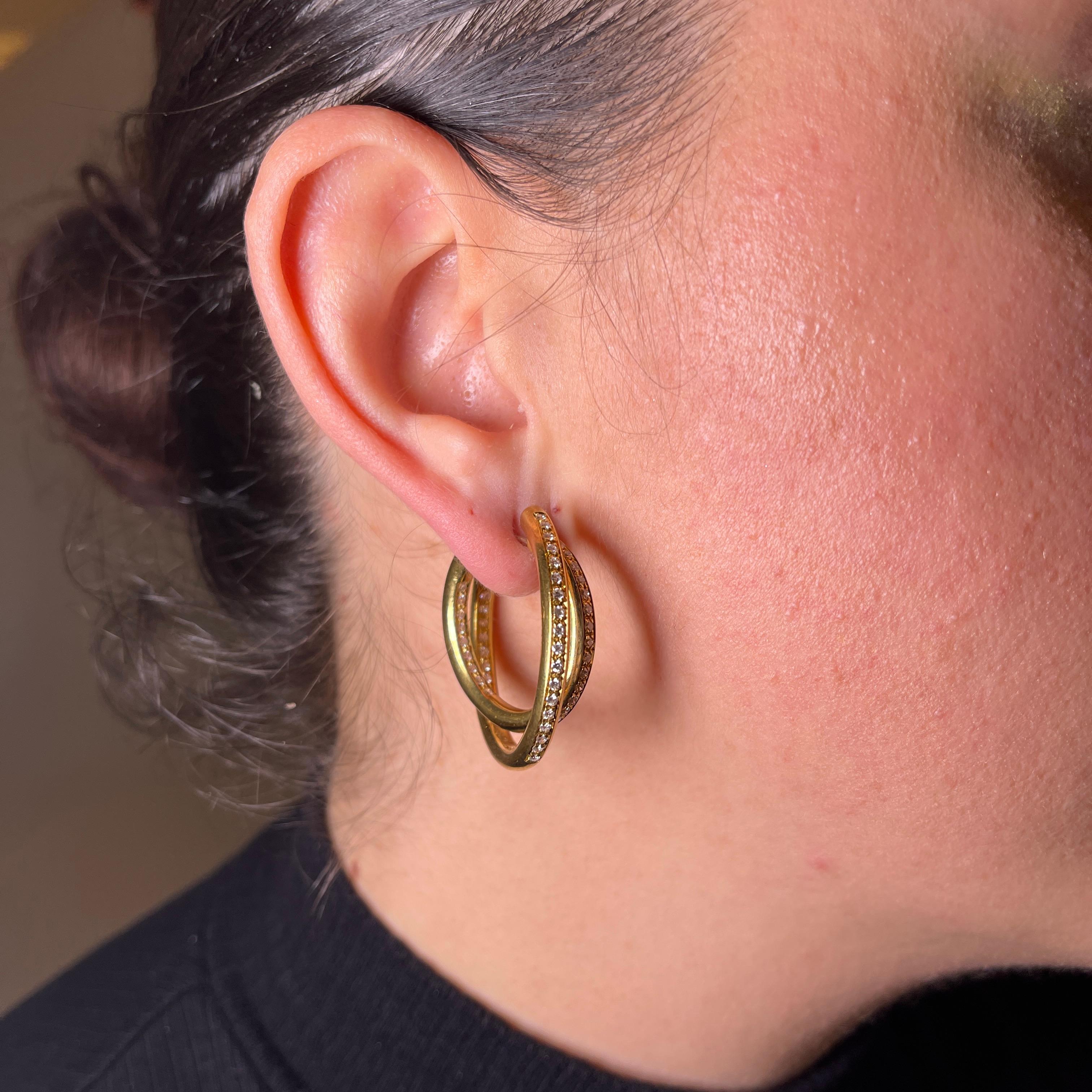 Women's or Men's 18K Yellow Gold Double Hoop Earrings with Diamond Pavé For Sale