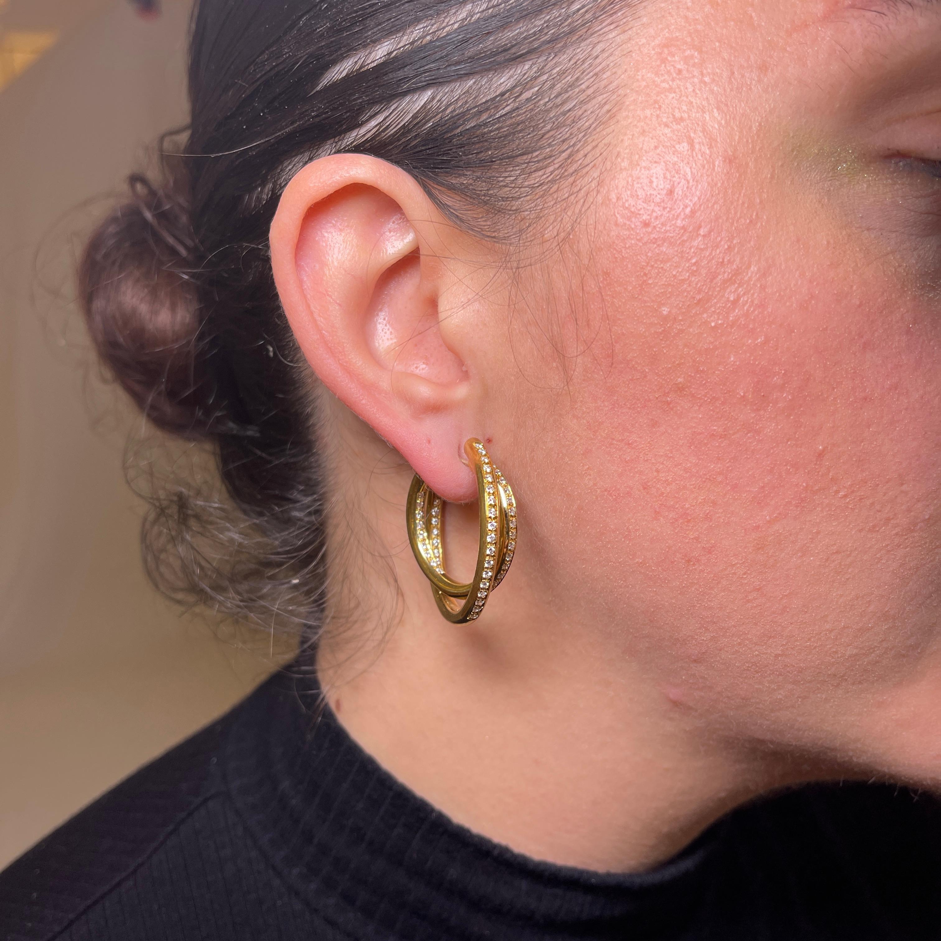 18K Yellow Gold Double Hoop Earrings with Diamond Pavé For Sale 1