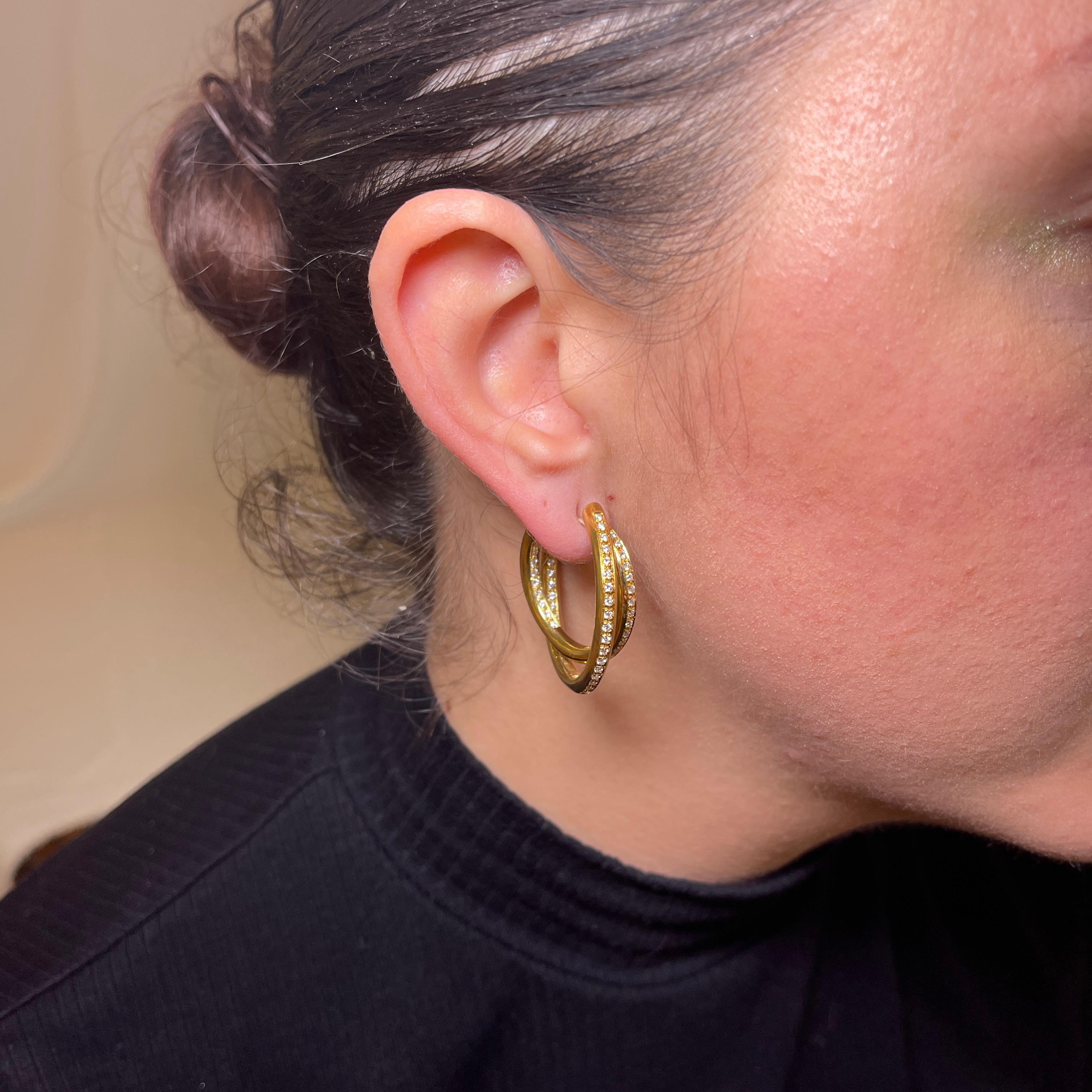 18K Yellow Gold Double Hoop Earrings with Diamond Pavé For Sale 2