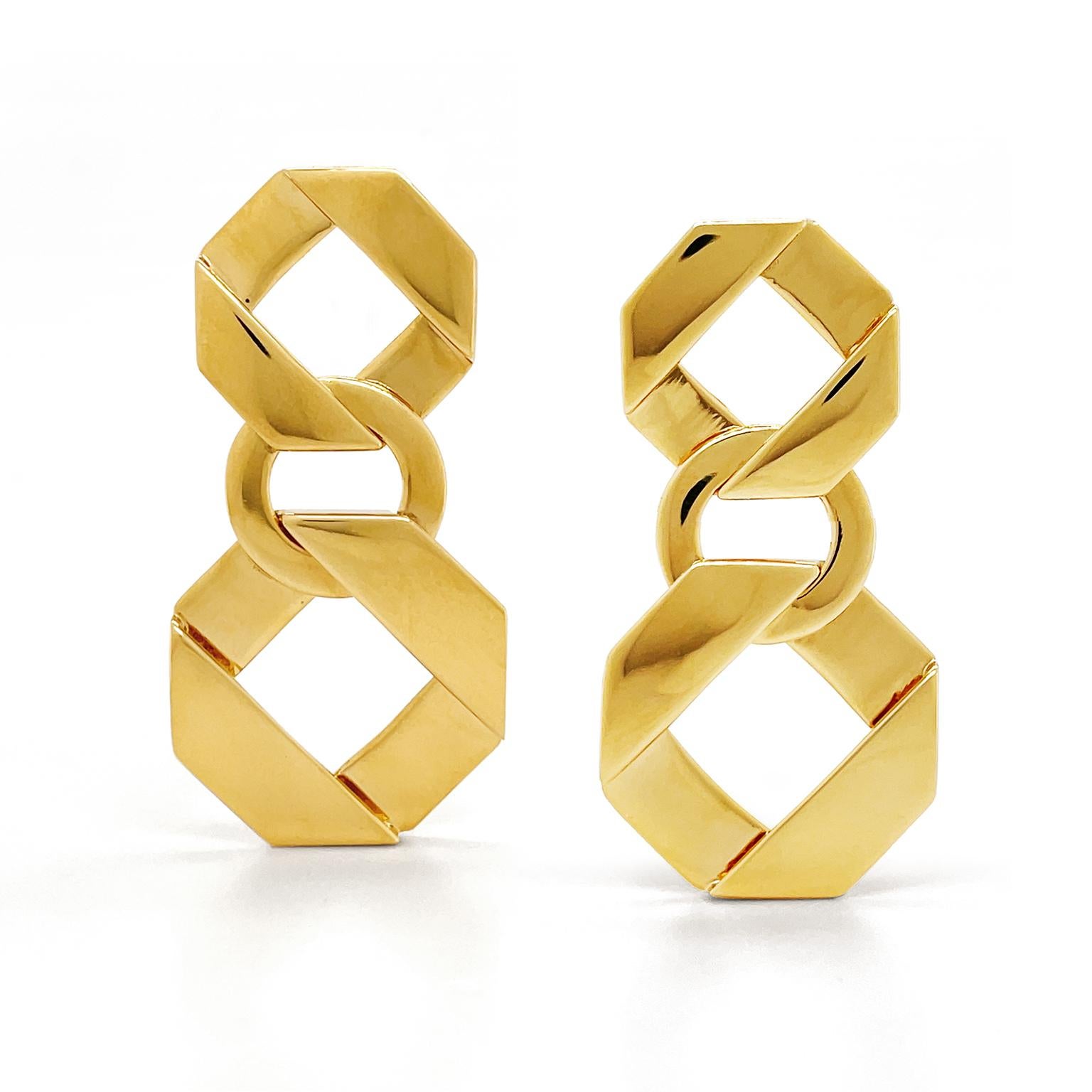 Women's or Men's 18K Yellow Gold Double Link Fold Over Earrings For Sale